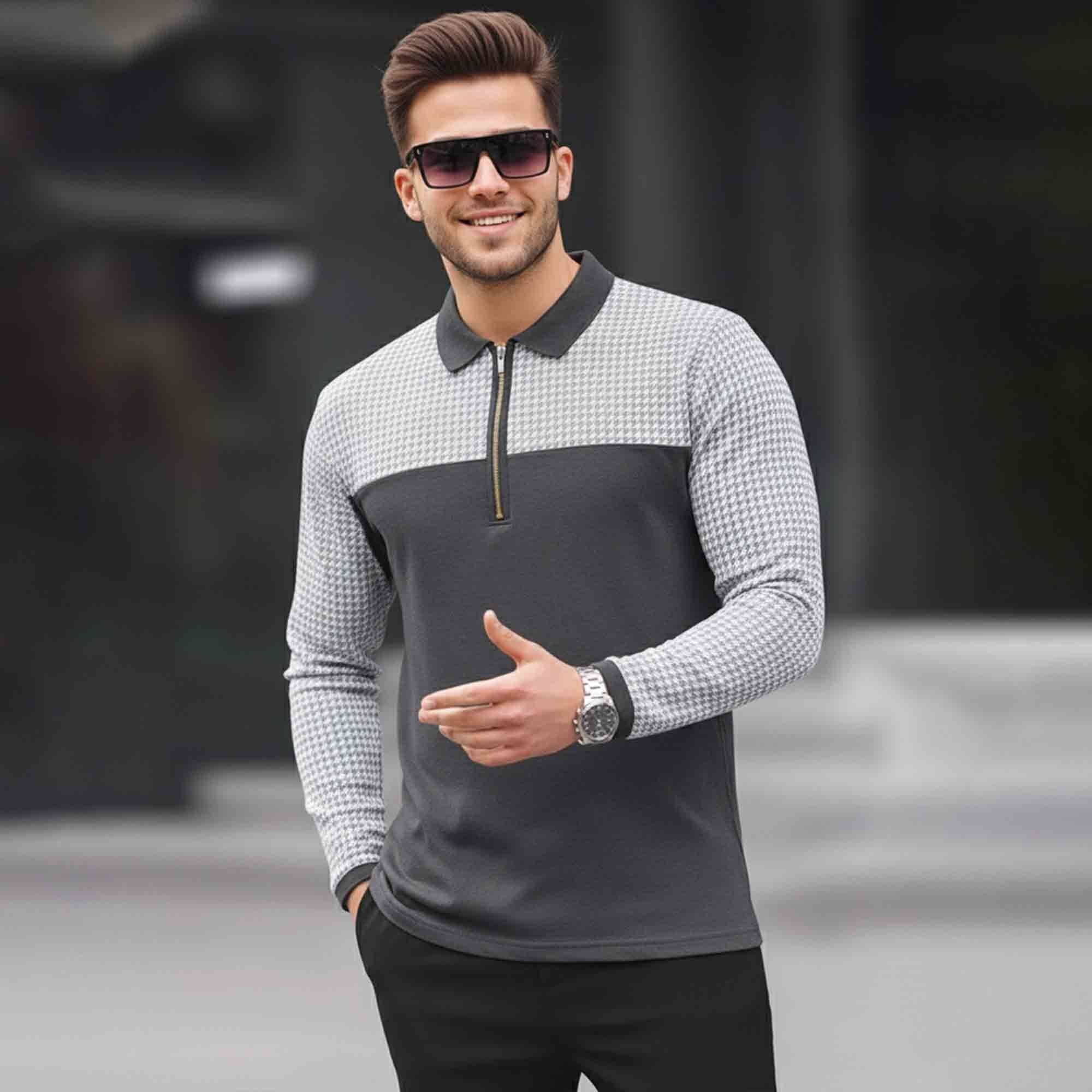 Men Quarter Zip Polo Neck Dual Color Printed T-SHIRT Darkgrey & White
