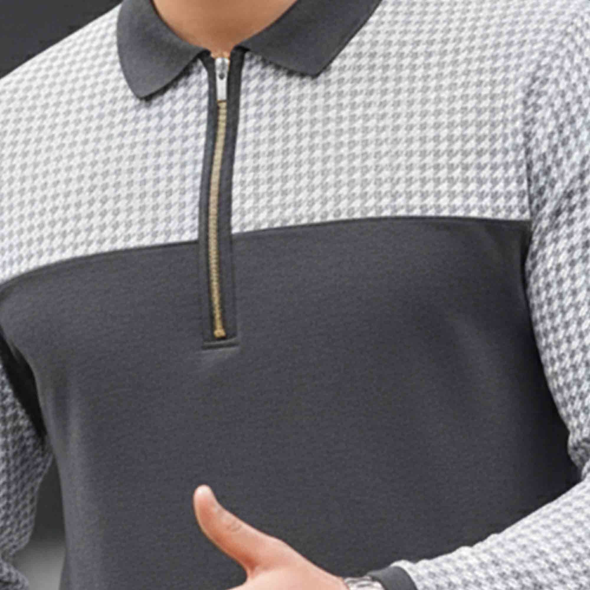 Men Quarter Zip Polo Neck Dual Color Printed T-SHIRT Darkgrey & White