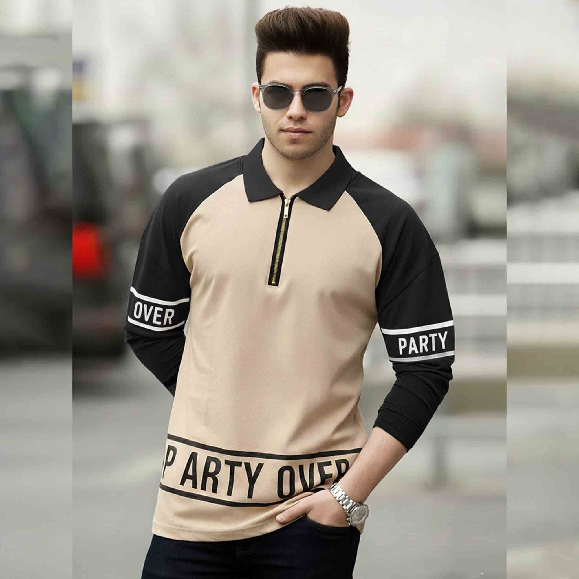 Men Quarter Zip Polo Neck Printed Full Sleeve T-shirt Beige & Black