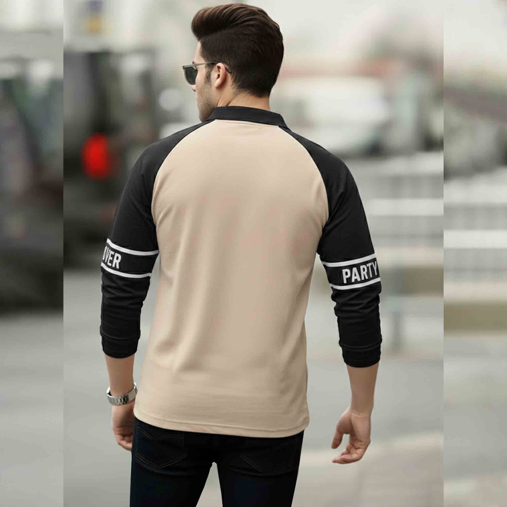 Men Quarter Zip Polo Neck Printed Full Sleeve T-shirt Beige & Black