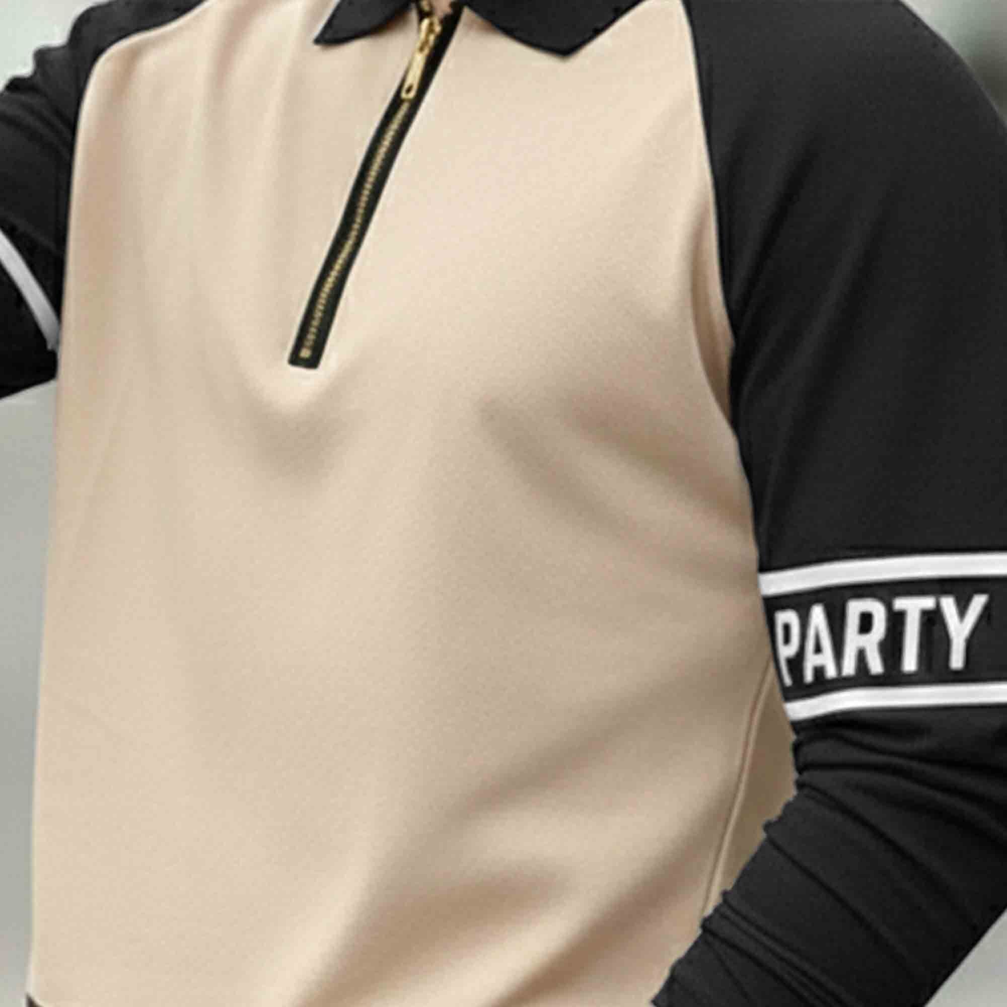 Men Quarter Zip Polo Neck Printed Full Sleeve T-shirt Beige & Black