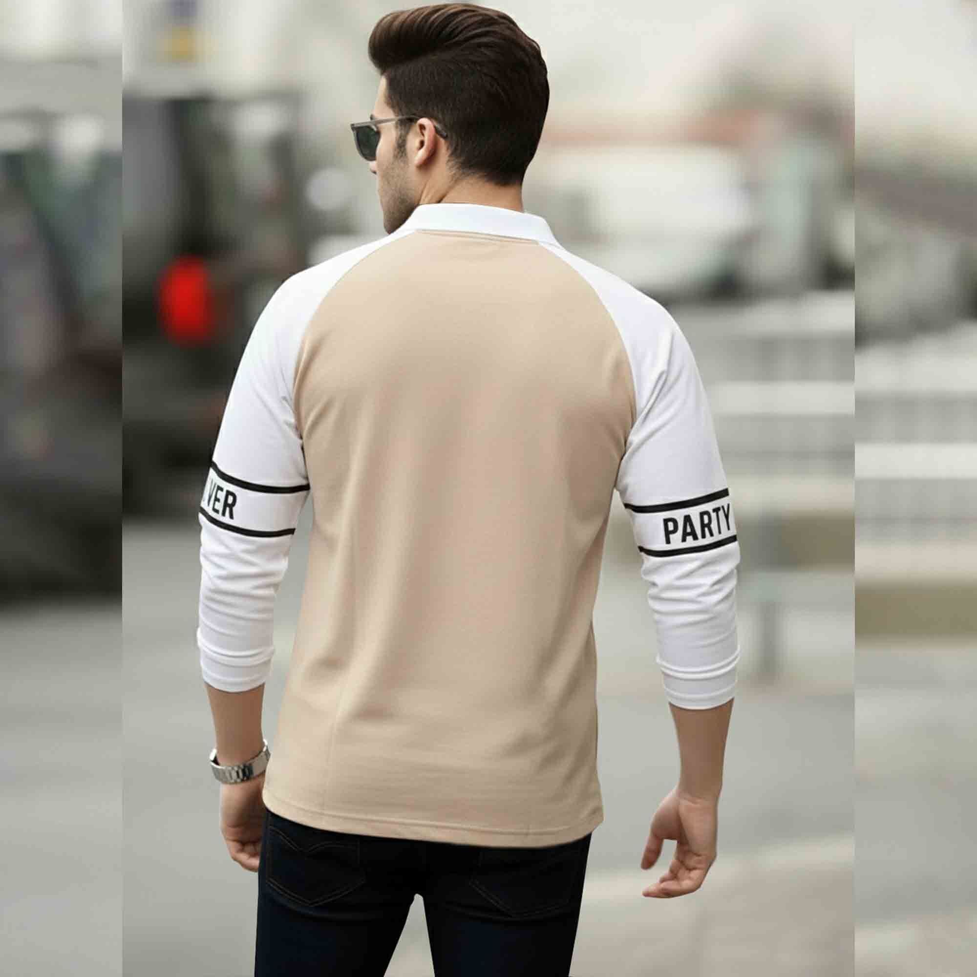 Men Quarter Zip Polo Neck Printed Full Sleeve T-shirt Beige & White