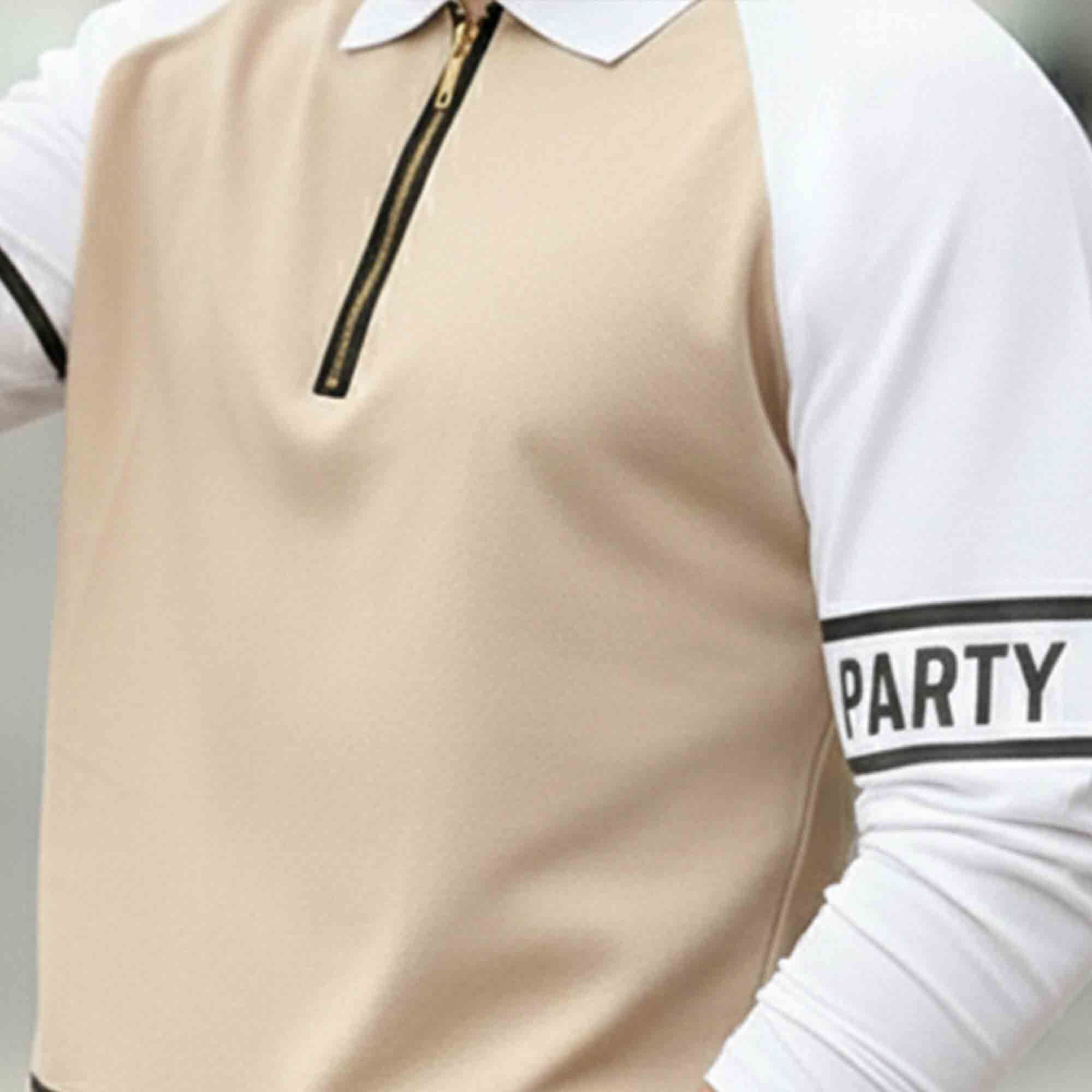 Men Quarter Zip Polo Neck Printed Full Sleeve T-shirt Beige & White