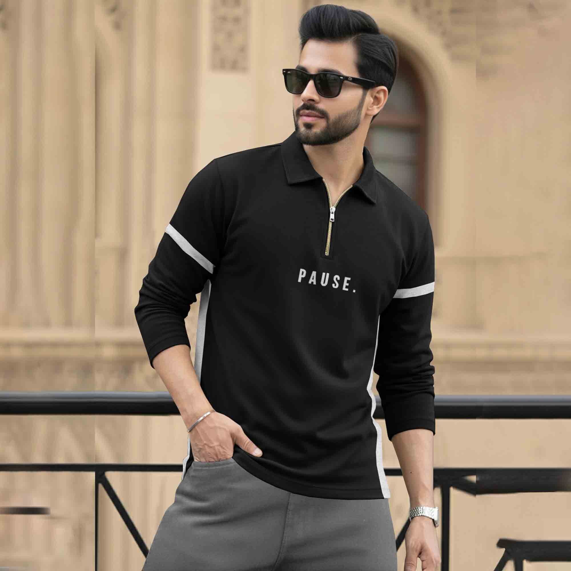 Men Quarter Zip Polo Neck Dual Color T-SHIRT Black & Grey