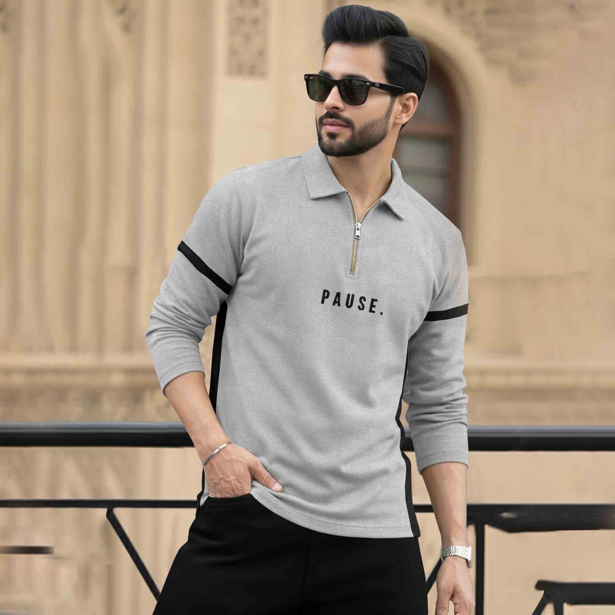 Men Quarter Zip Polo Neck Dual Color T-SHIRT Grey & Black
