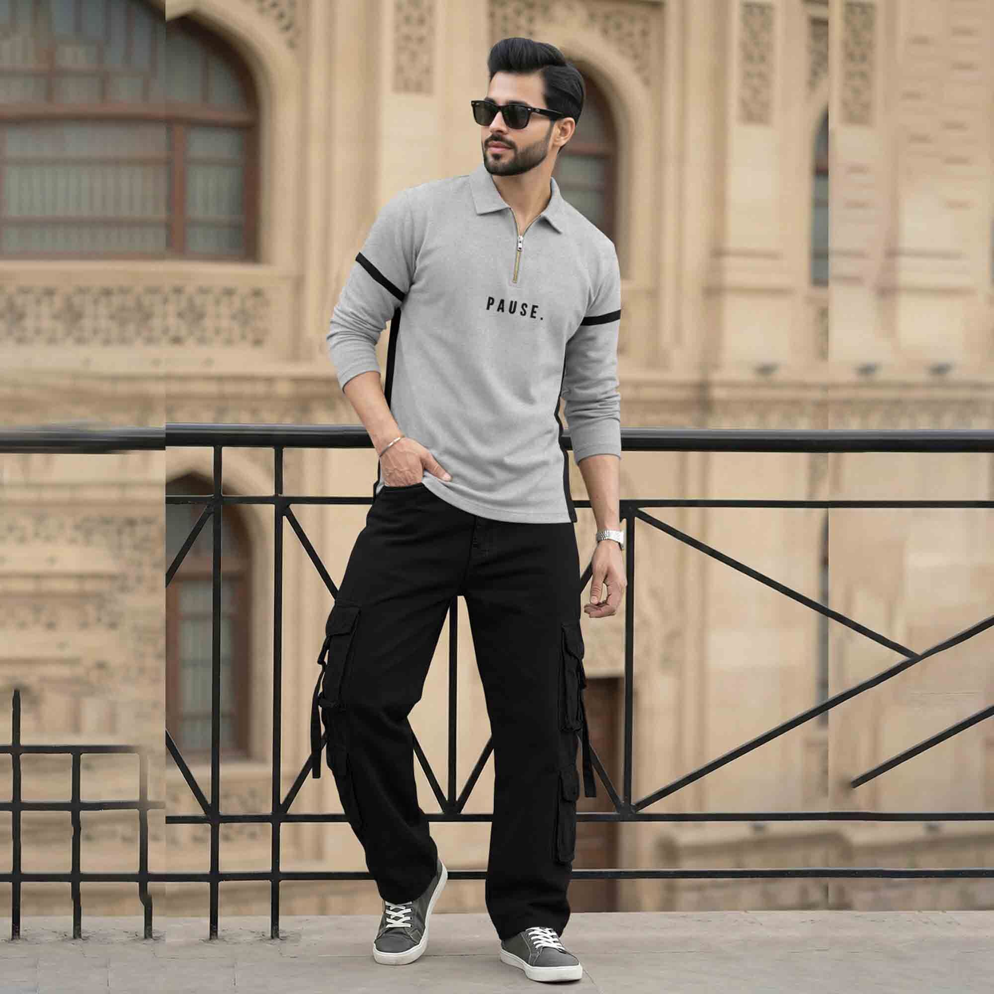 Men Quarter Zip Polo Neck Dual Color T-SHIRT Grey & Black