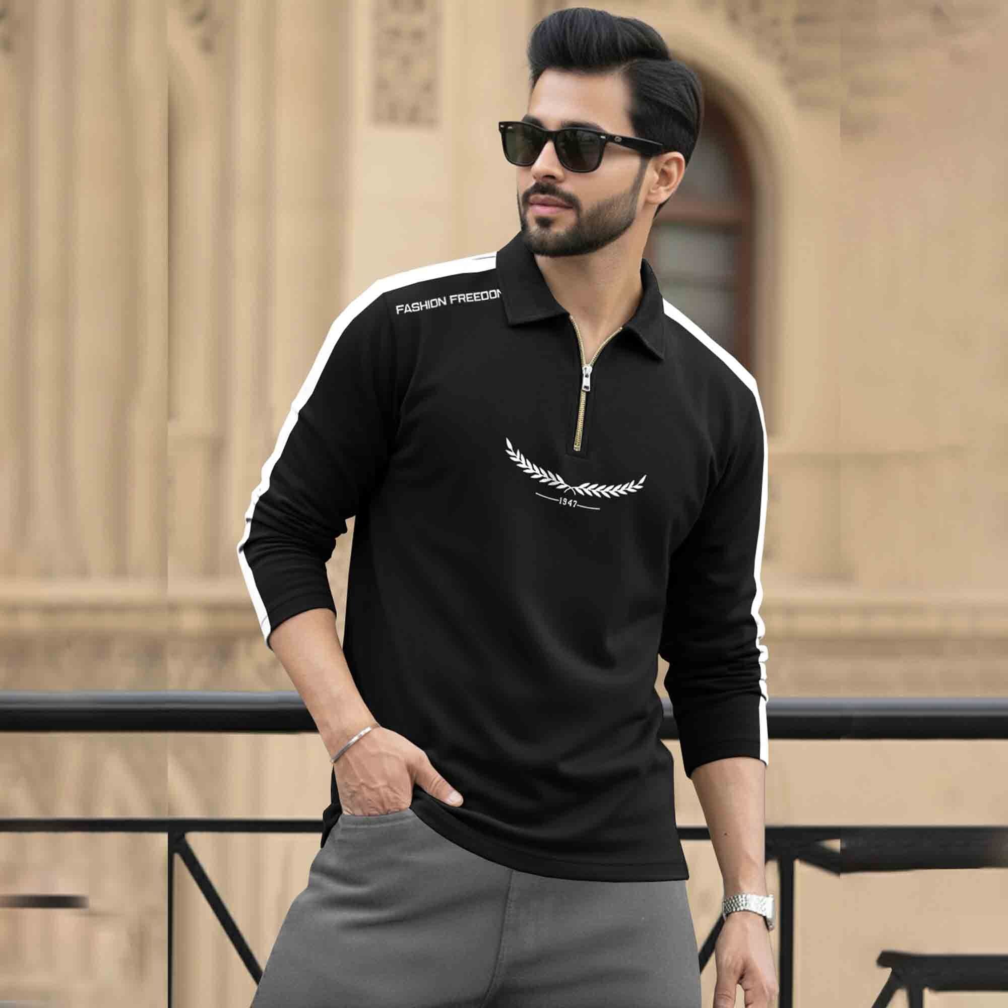 Men Quarter Zip Polo Neck Printed T-SHIRT Black & White