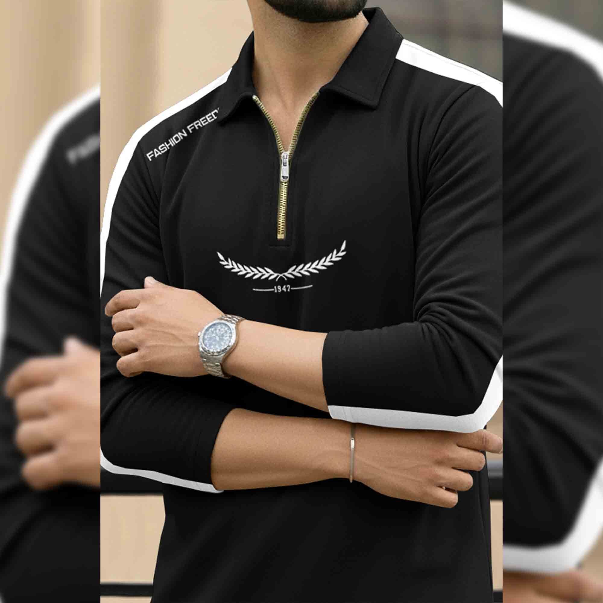 Men Quarter Zip Polo Neck Printed T-SHIRT Black & White