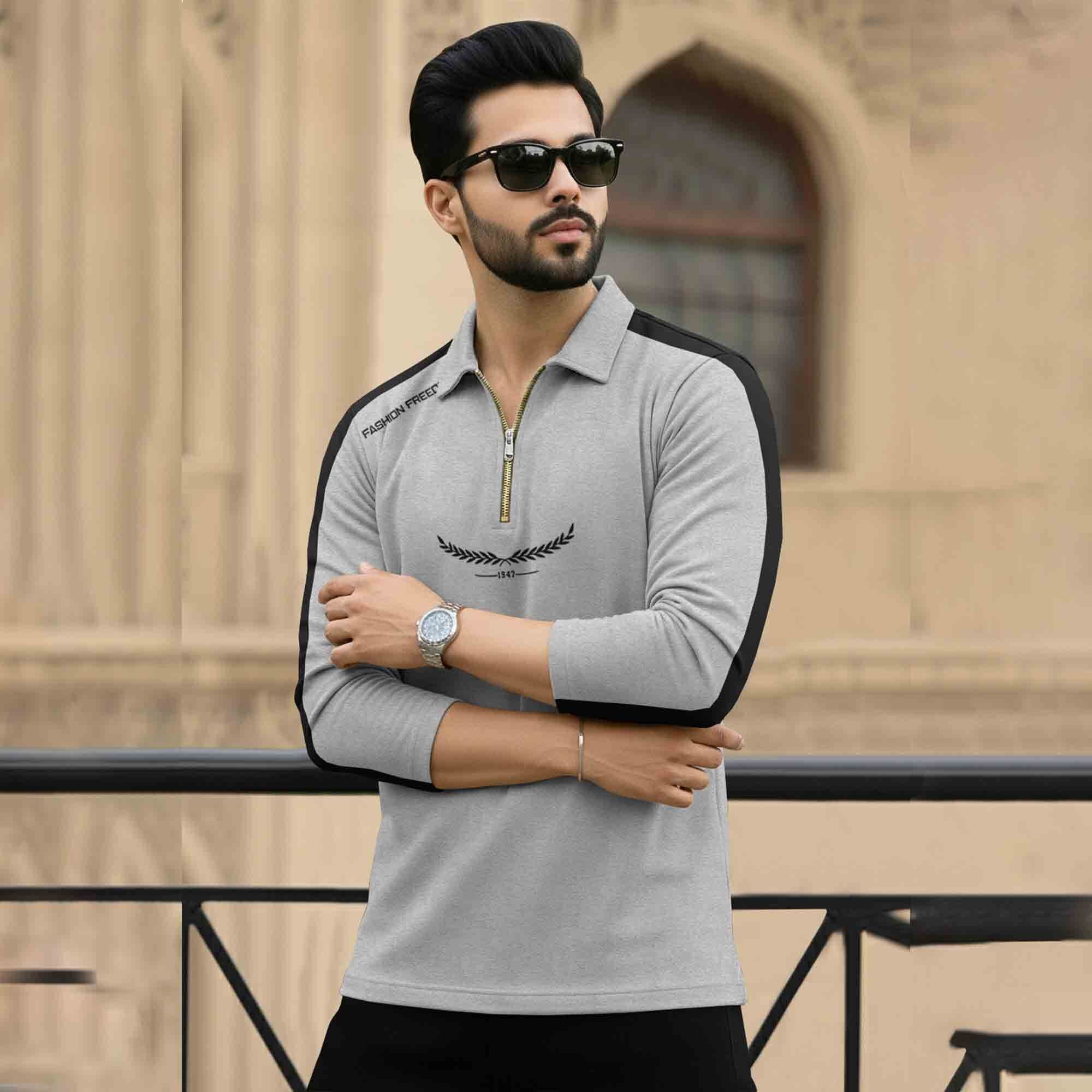 Men Quarter Zip Polo Neck Printed T-SHIRT Grey & Black