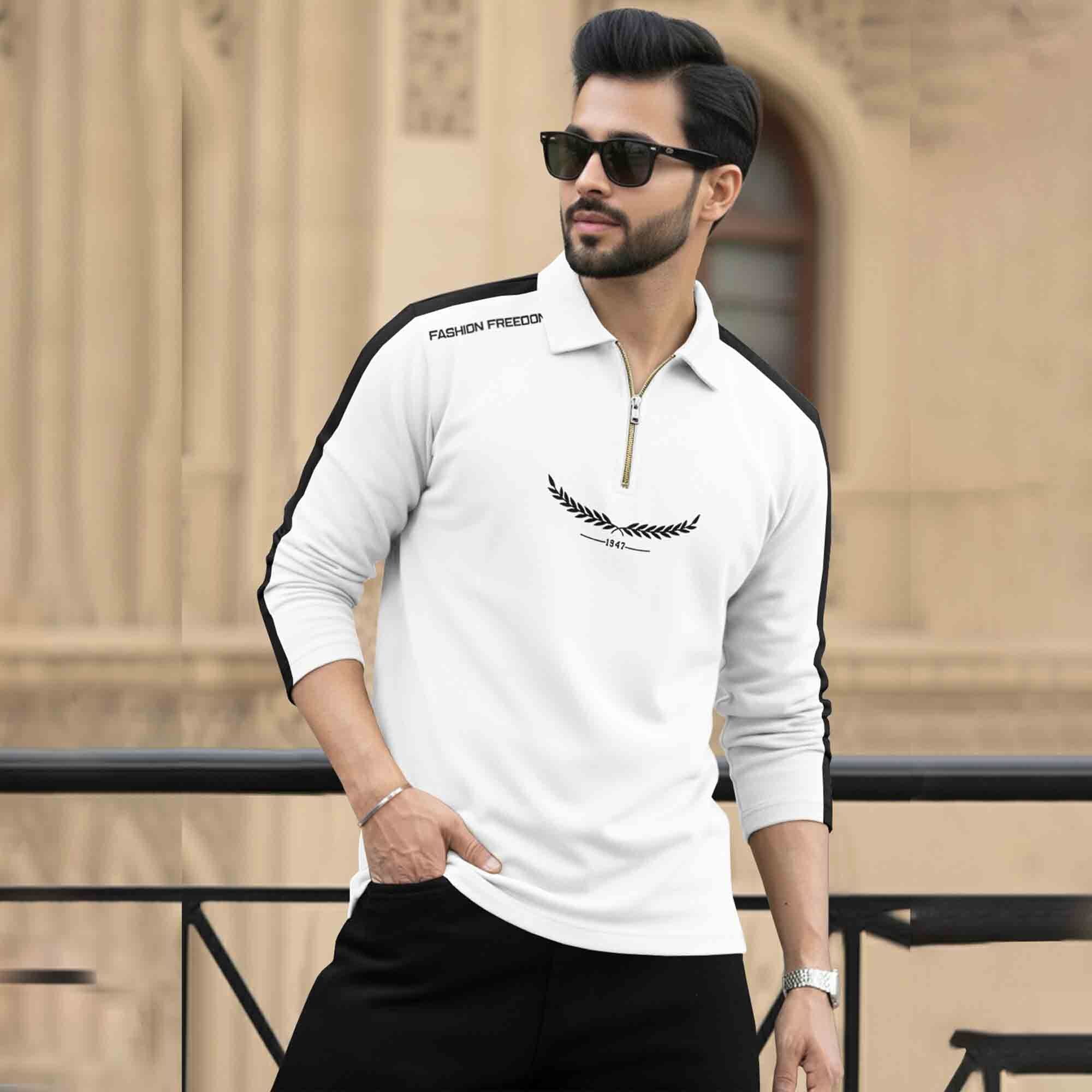 Men Quarter Zip Polo Neck Printed T-SHIRT White & Black