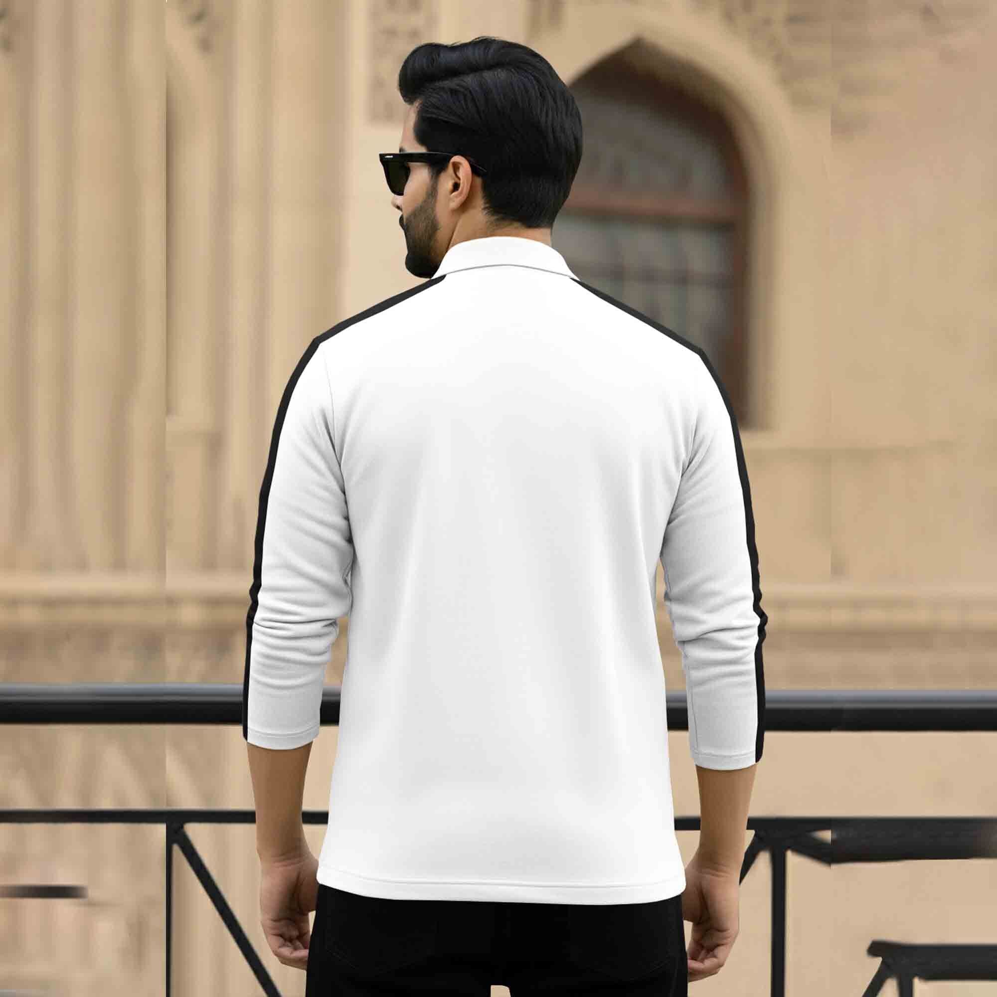 Men Quarter Zip Polo Neck Printed T-SHIRT White & Black