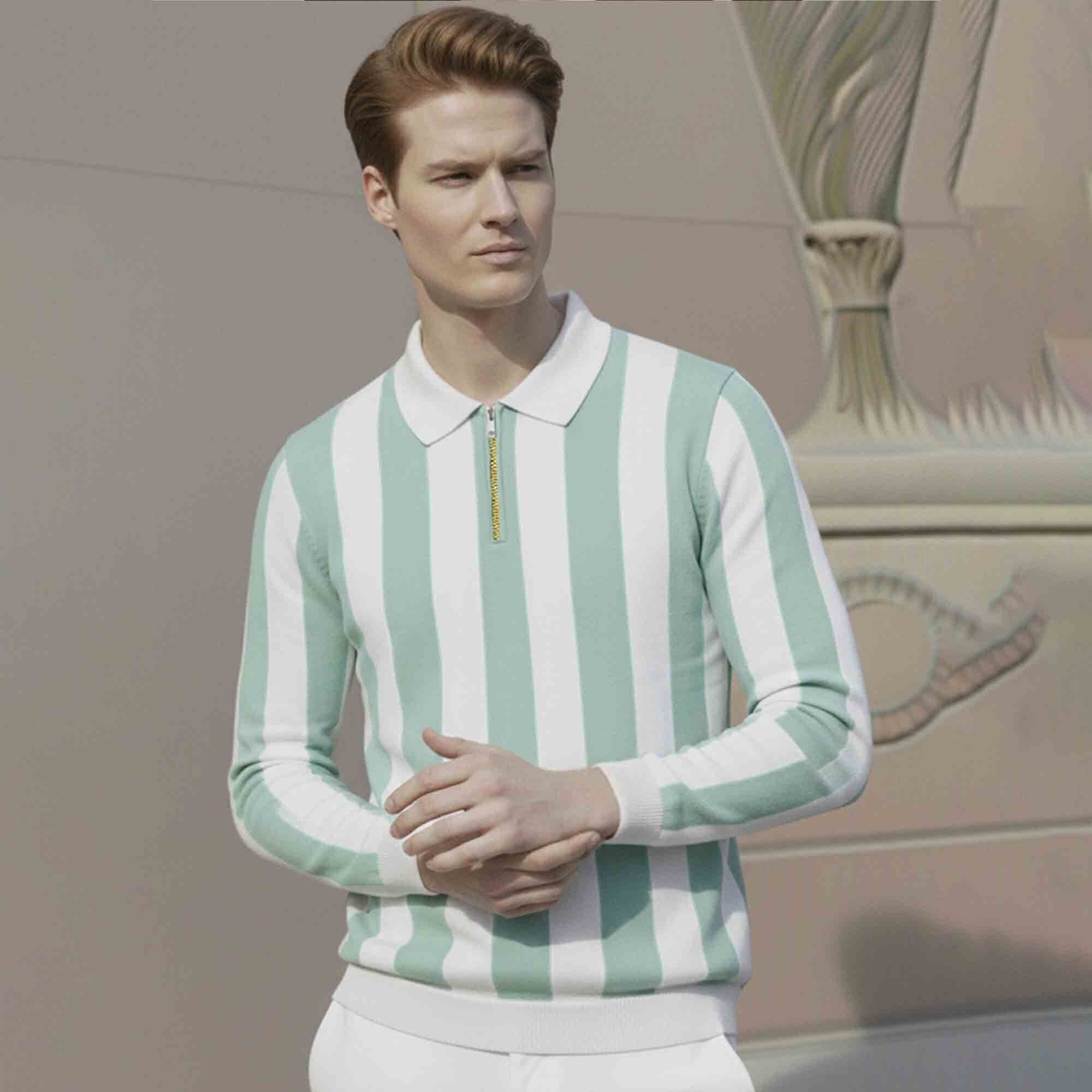 Quarter Zip Striped Polo Neck Full Sleeve Tshirt White & Lightgreen