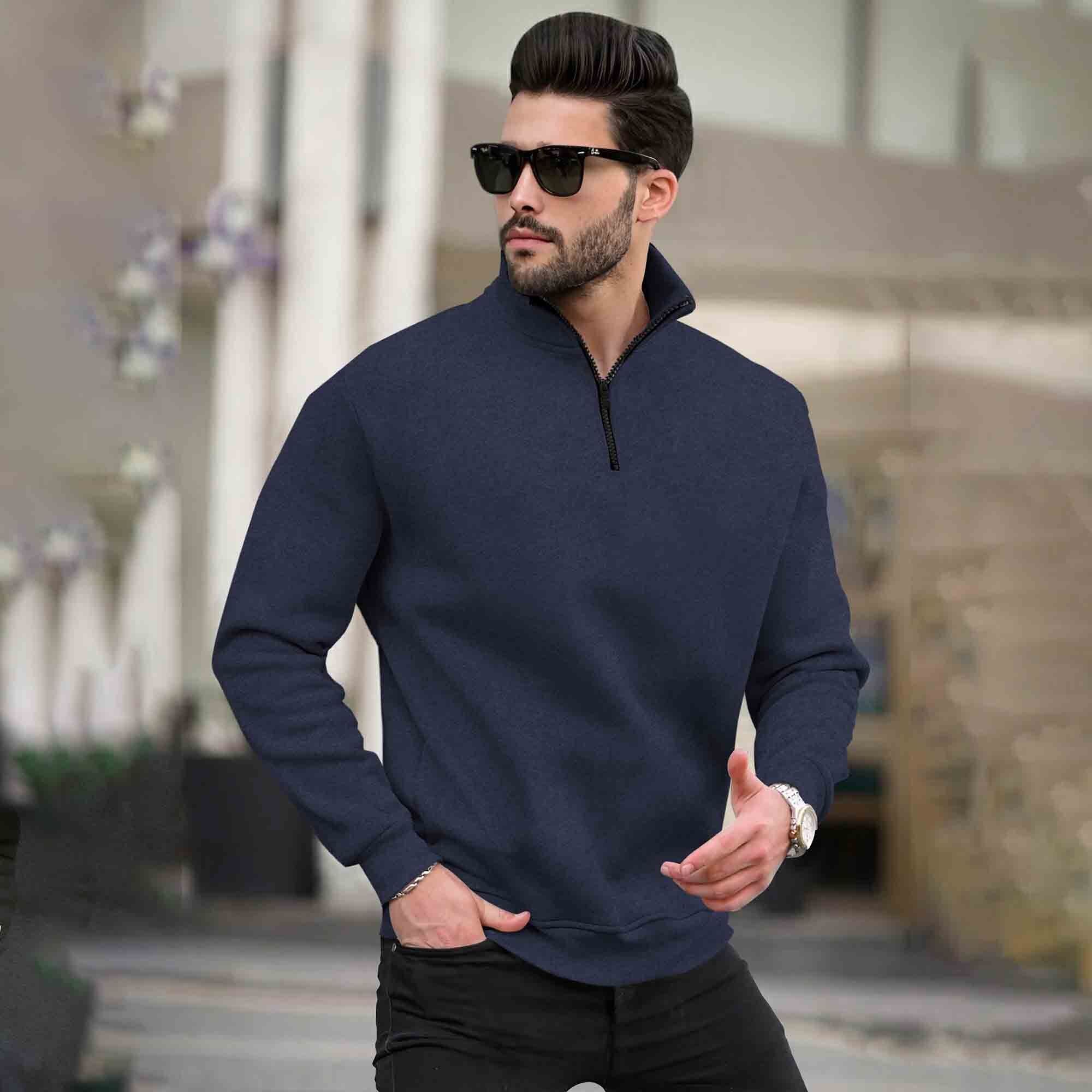 Men Plain Zipper High Neck Casual Sweatshirt Navyblue
