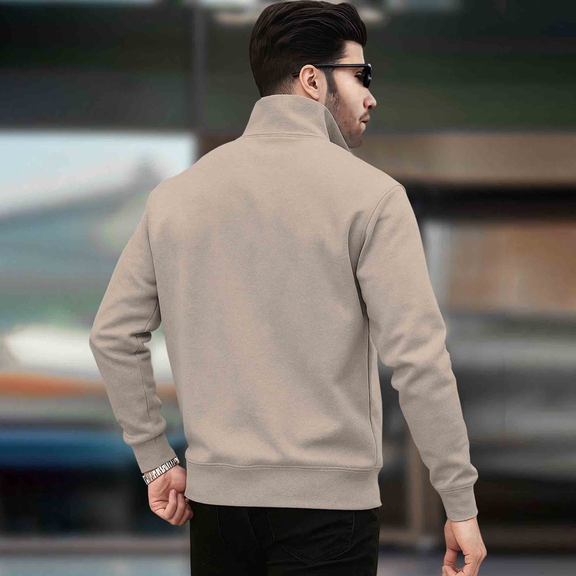 Men Plain Zipper High Neck Casual Sweatshirt Beige