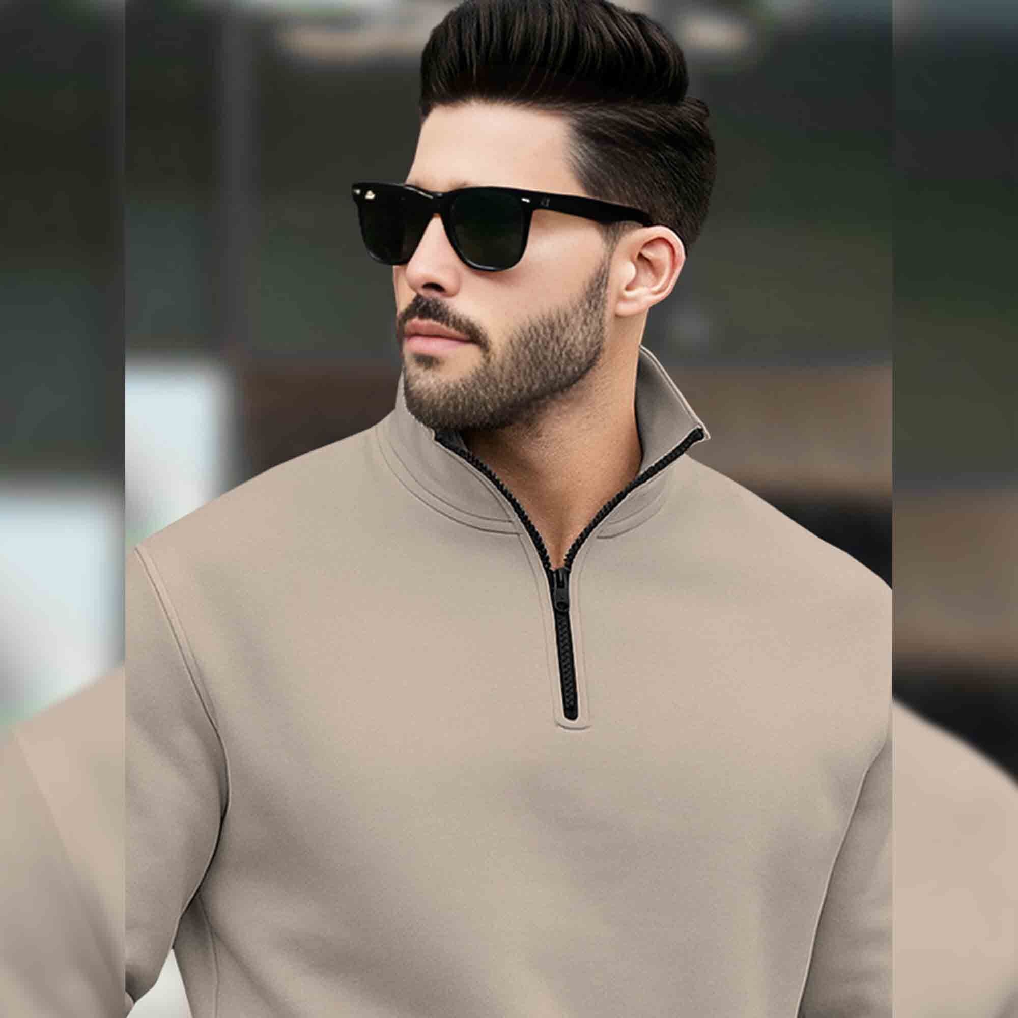 Men Plain Zipper High Neck Casual Sweatshirt Beige