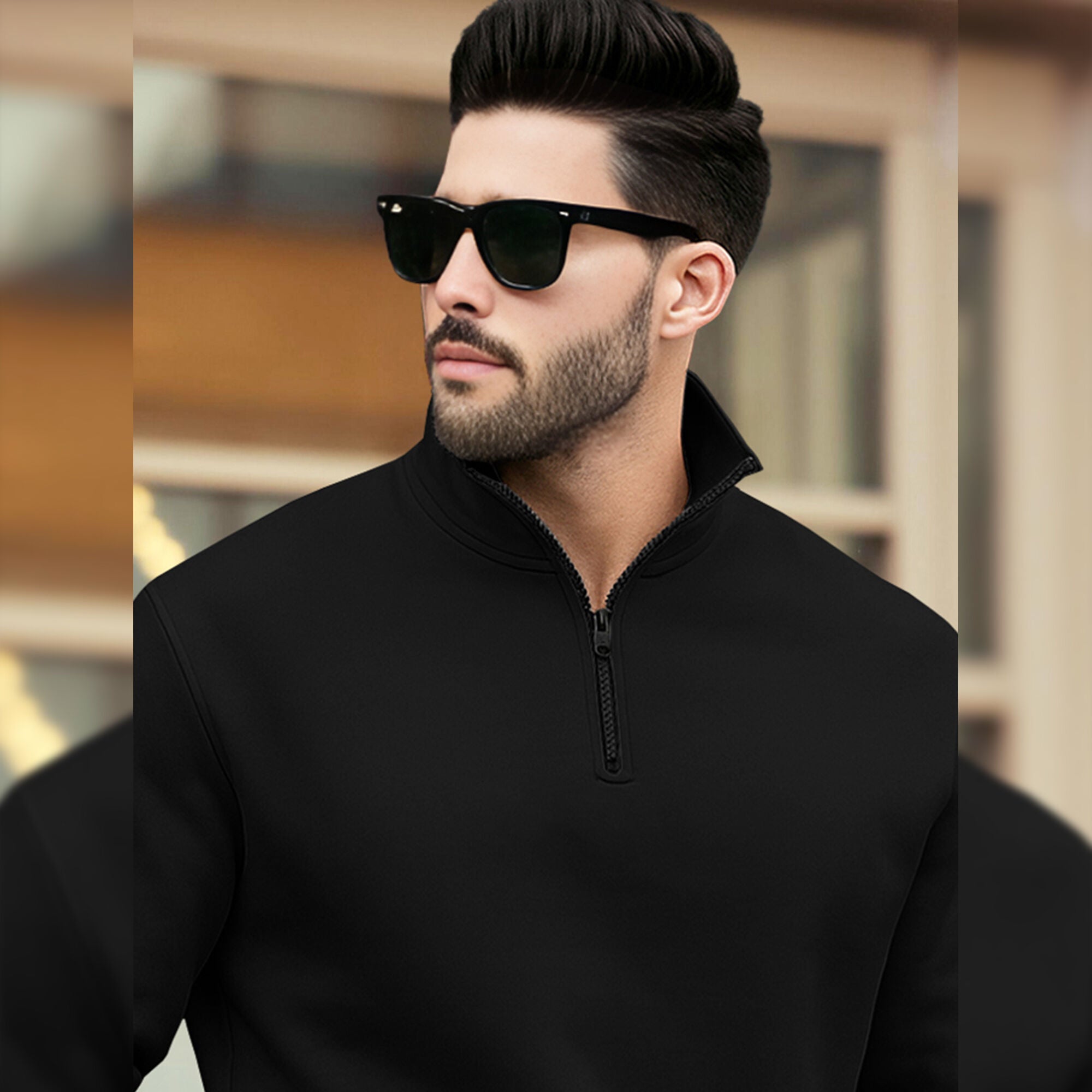 Men Plain Zipper High Neck Casual Sweatshirt / Black