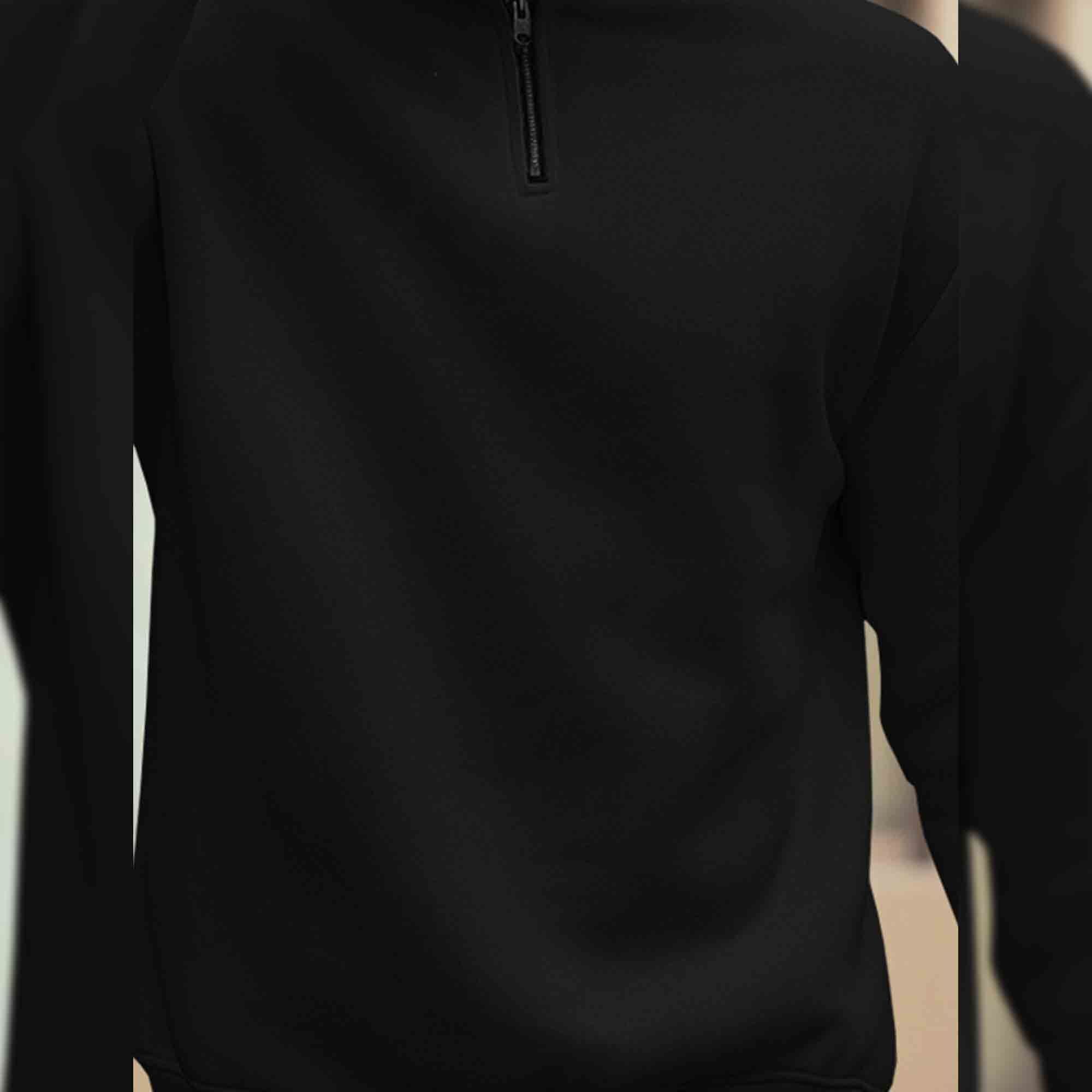 Men Plain Zipper High Neck Casual Sweatshirt / Black