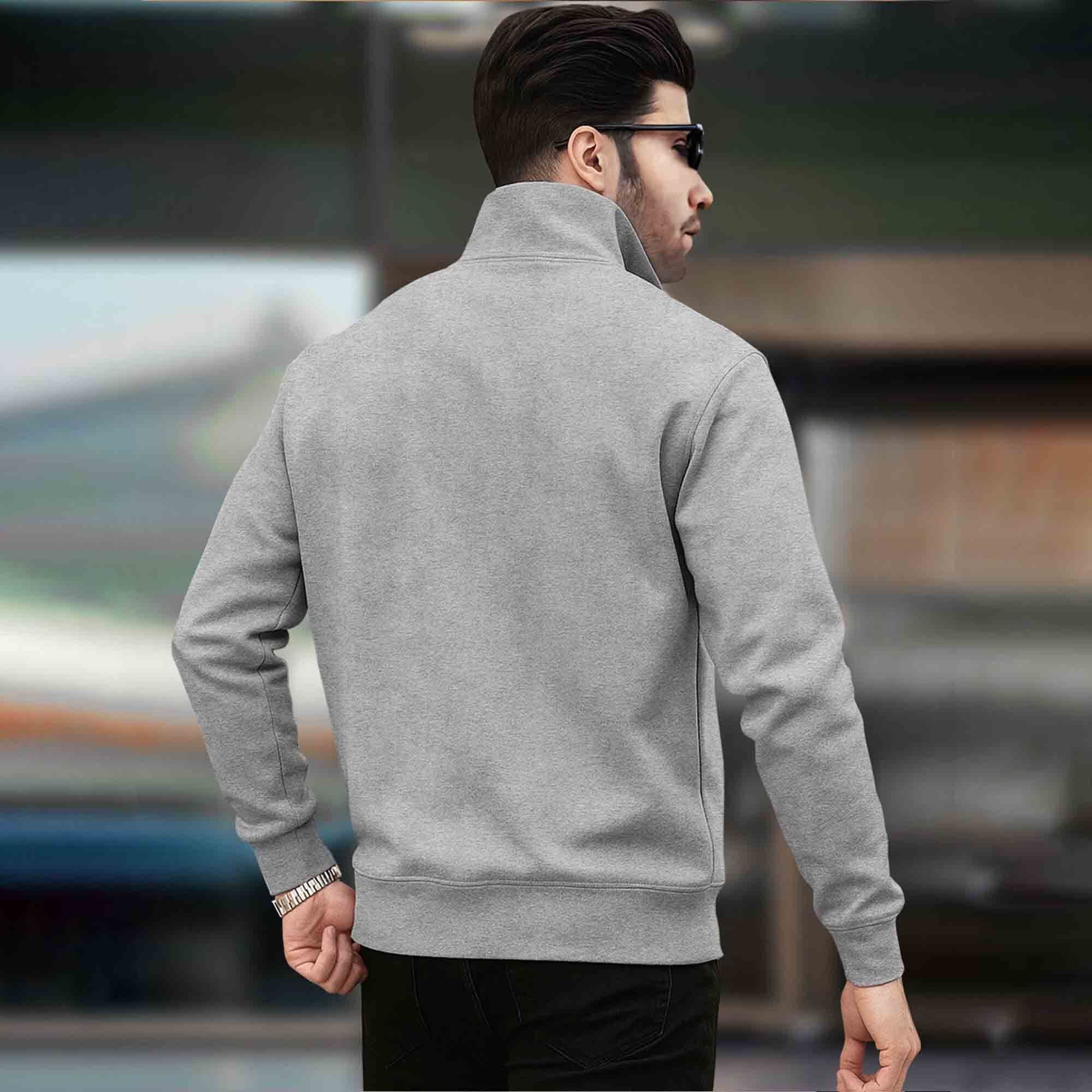 Men Plain Zipper High Neck Casual Sweatshirt / Grey