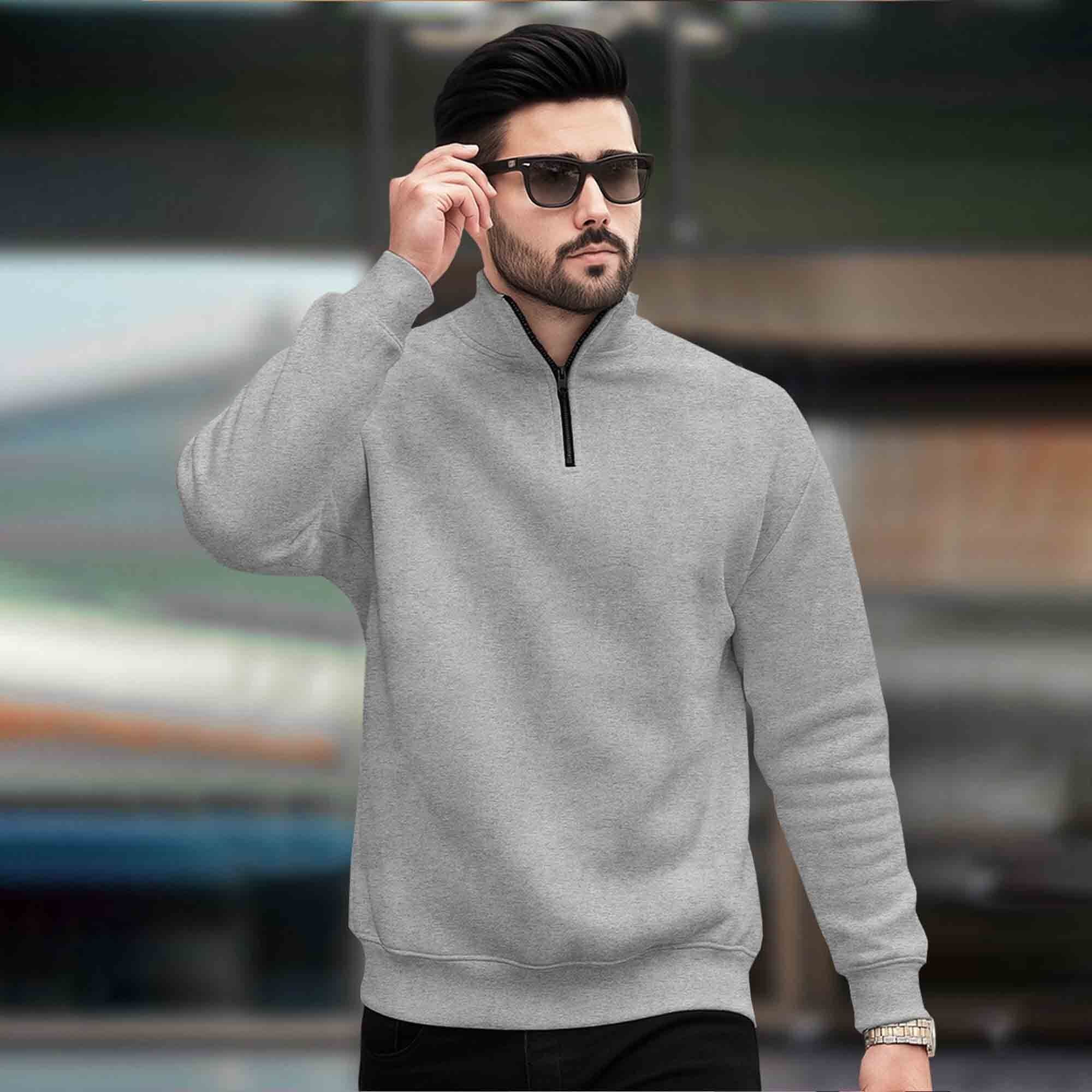Men Plain Zipper High Neck Casual Sweatshirt / Grey