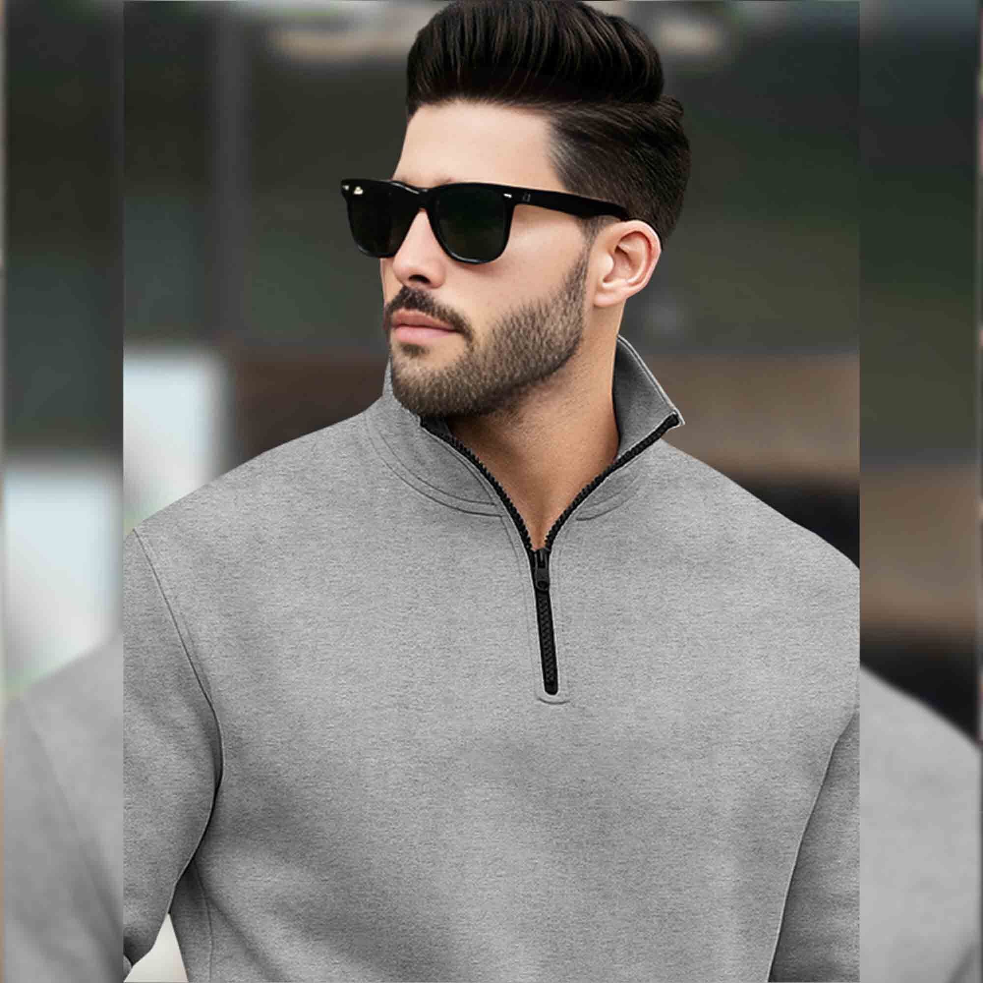Men Plain Zipper High Neck Casual Sweatshirt / Grey