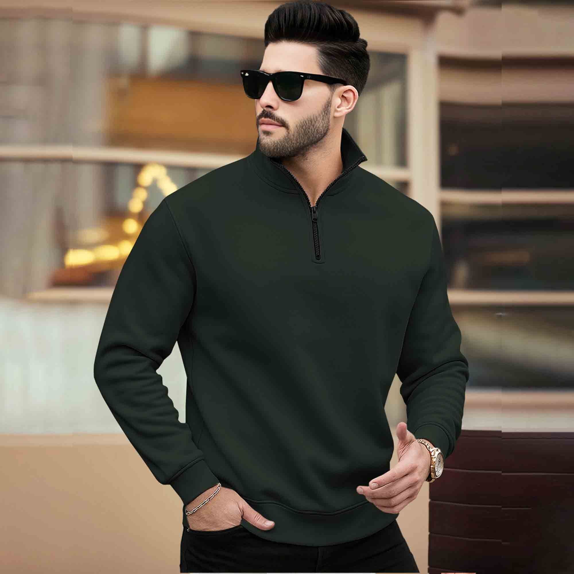 Men Plain Zipper High Neck Casual Sweatshirt Olivegreen – TRIPR