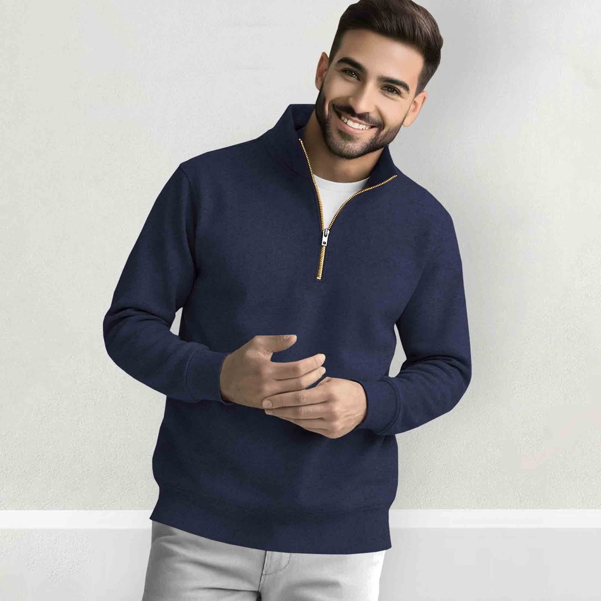 Men High Neck Quarter Zip Up Navyblue Sweatshirt