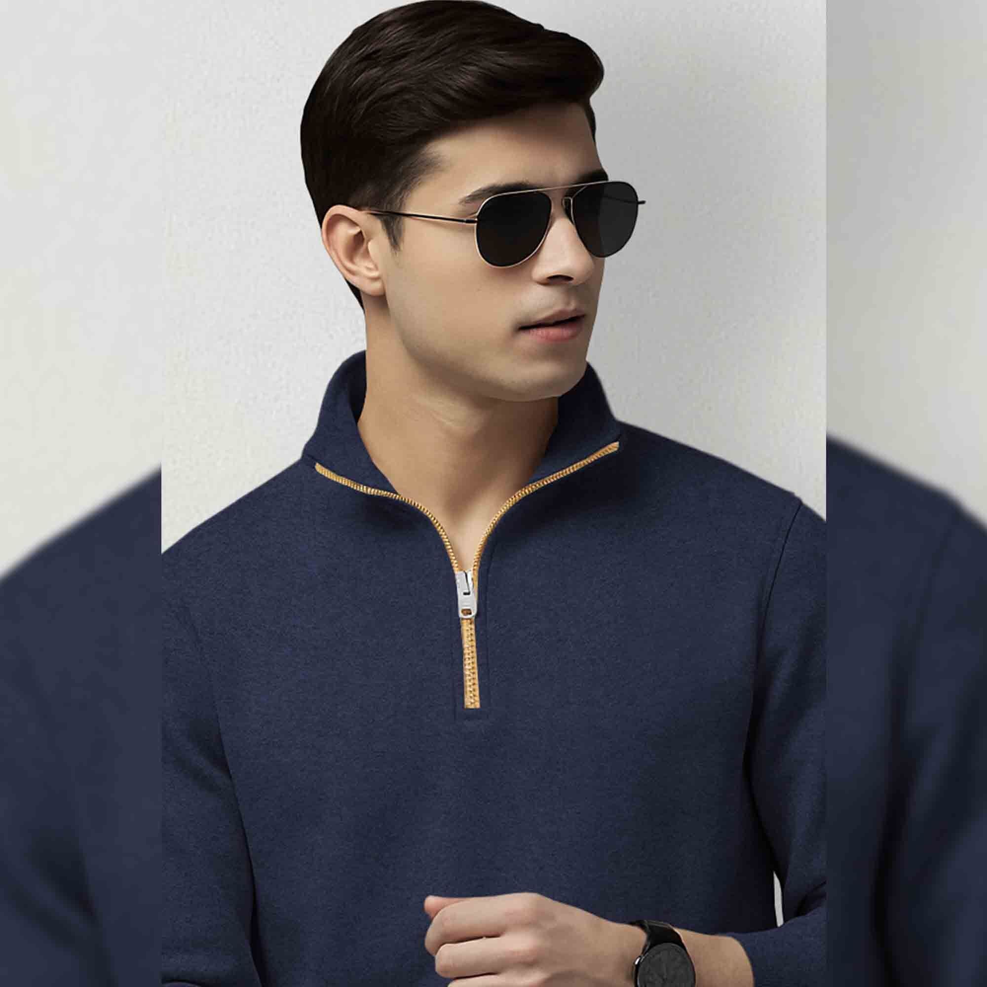 Men High Neck Quarter Zip Up Navyblue Sweatshirt