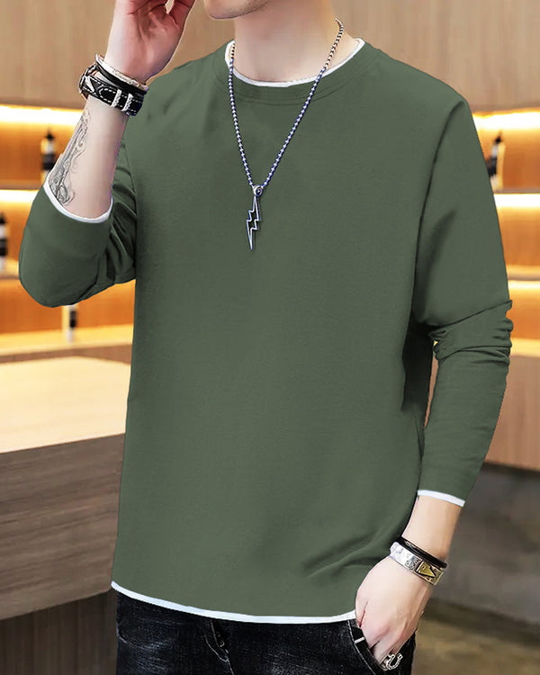 Men Solid Olive Green White Piping Full Hand T-shirt