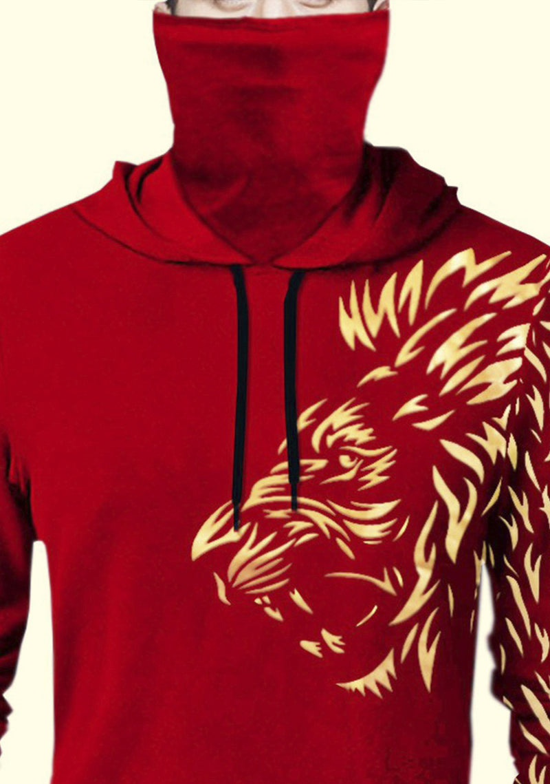 Men Red Lion Printed Hooded Mask T-shirt