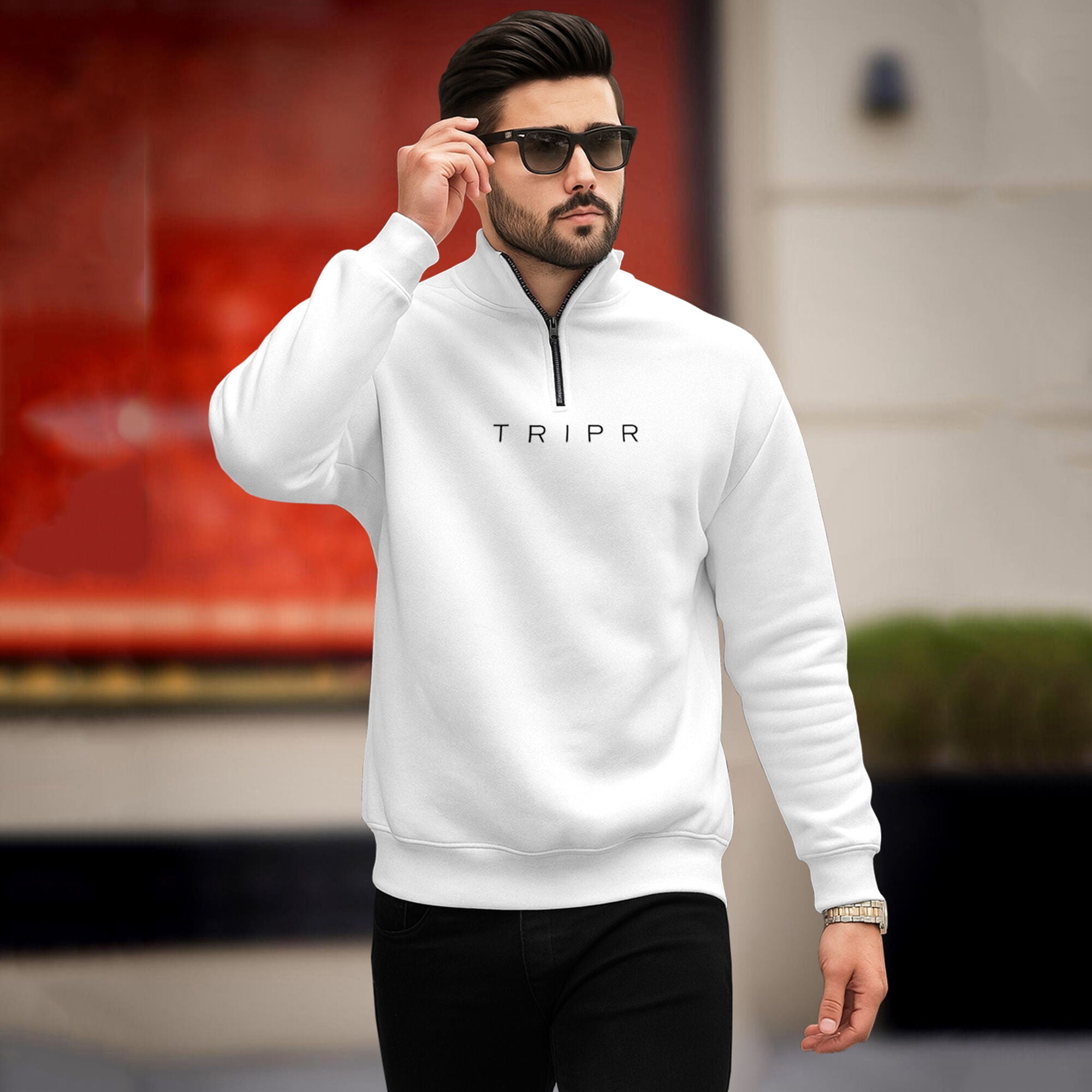 Men Zipper High Neck White Sweatshirt