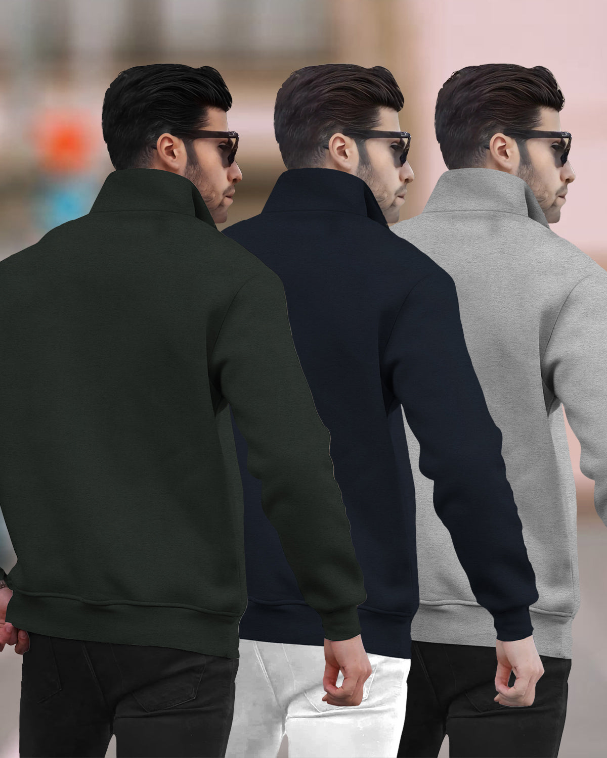 (Pack Of 3) Mens High Neck Winter Sweatshirts Olivegreen-Navyblue-Grey