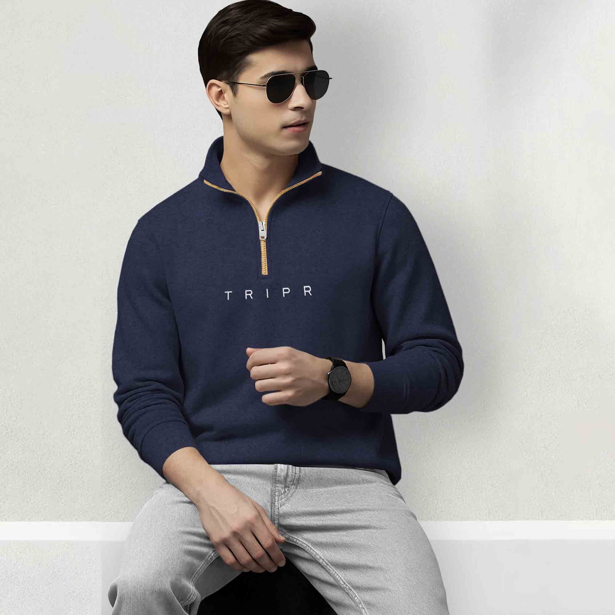 Men Full Sleeve High Neck Sweatshirt Navy blue