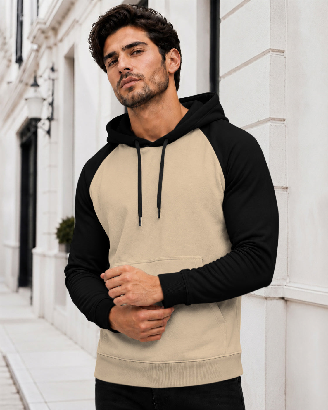 Dual Color Full Sleeve Hooded Sweatshirt Beige