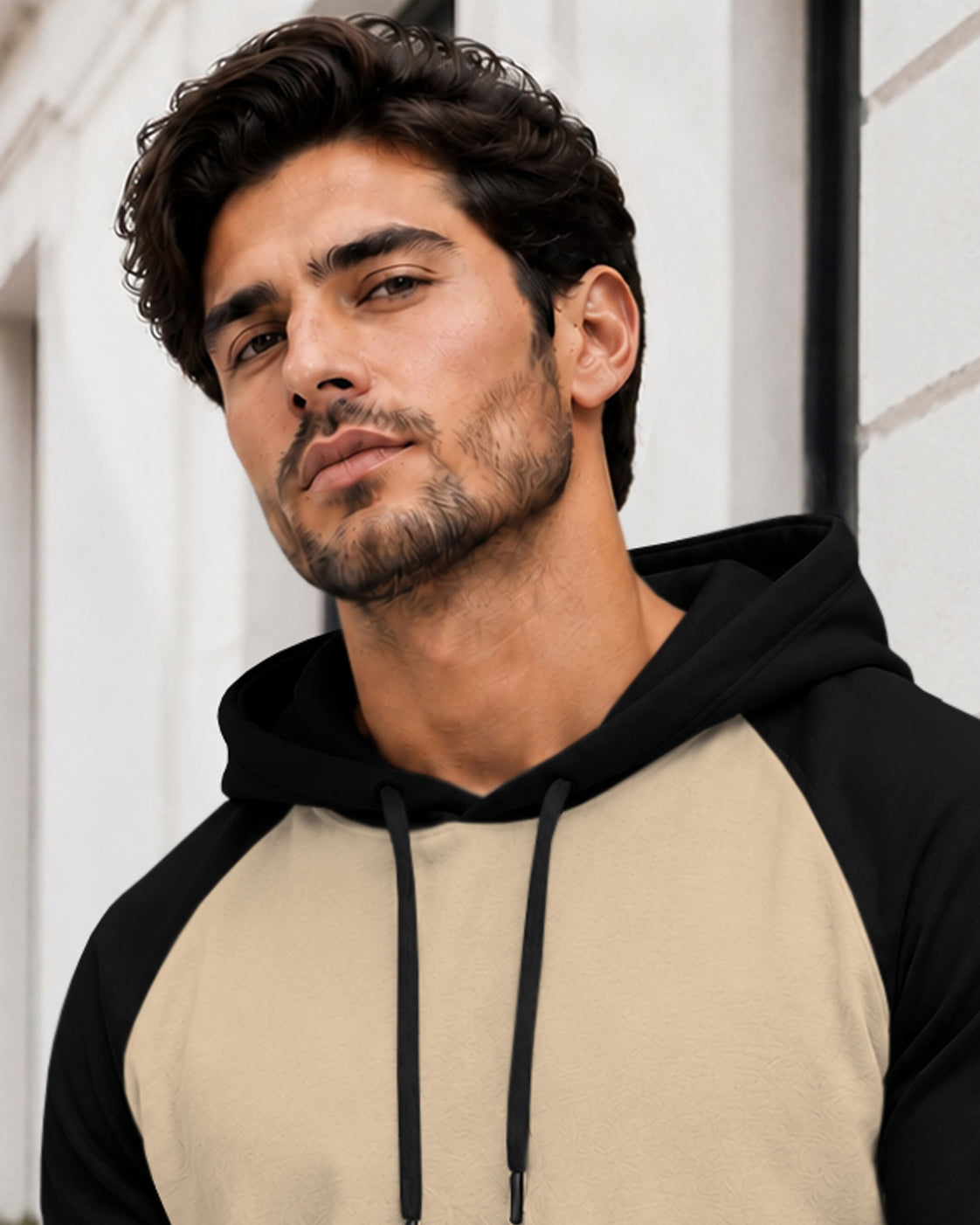 Dual Color Full Sleeve Hooded Sweatshirt Beige