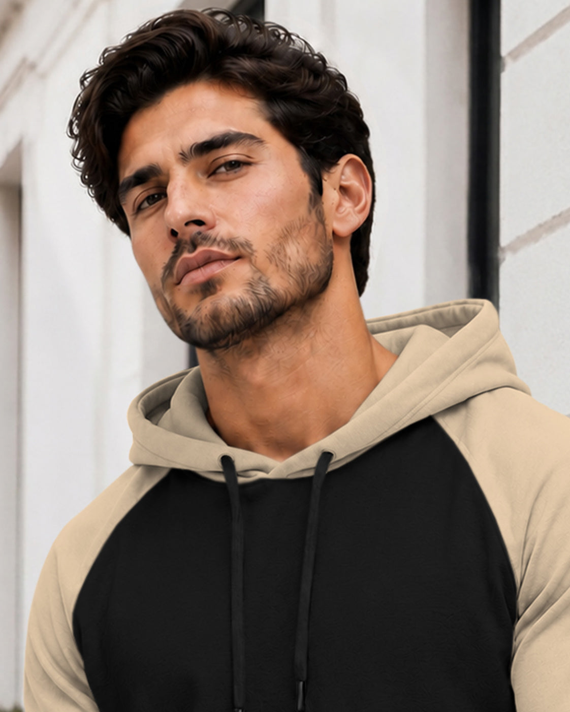 Dual Color Full Sleeve Hooded Sweatshirt Black|Beige