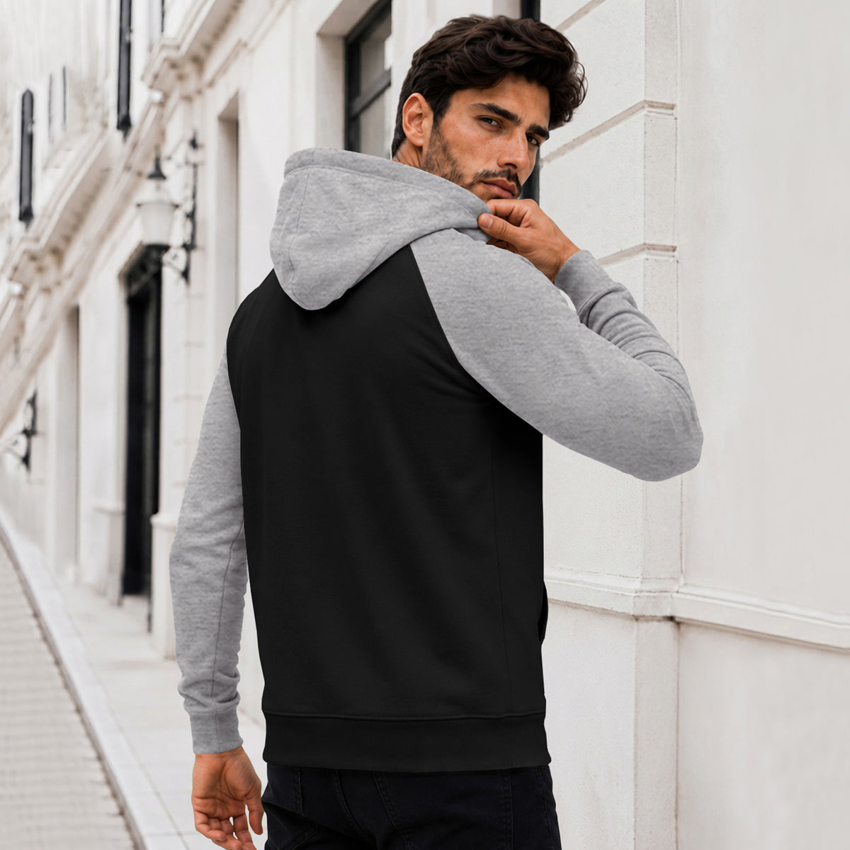 Dual Color Full Sleeve Hooded Sweatshirt Black|Grey