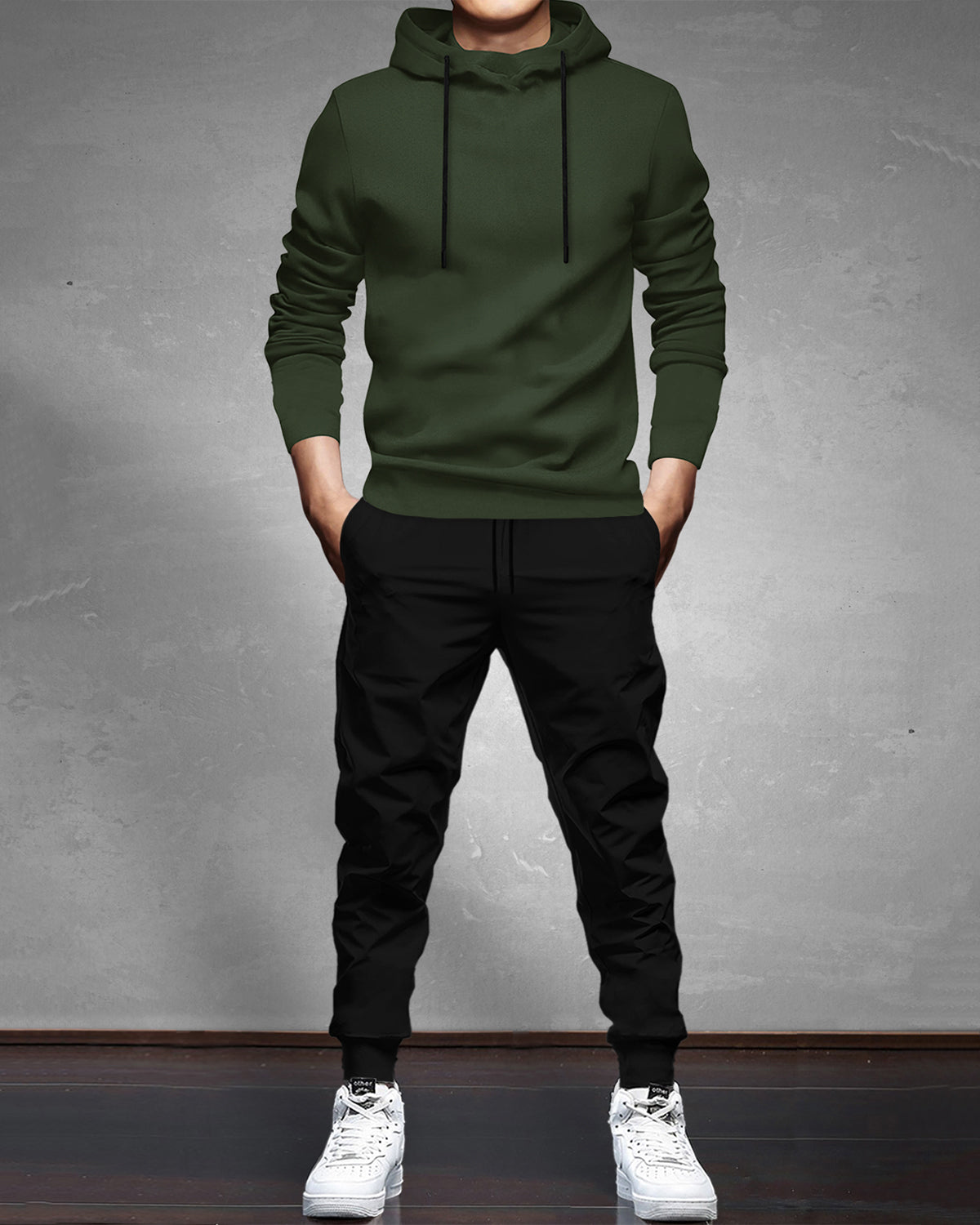 Olive Green Hooded Full Sleeve T-shirt with Black Trackpant Tracksuit