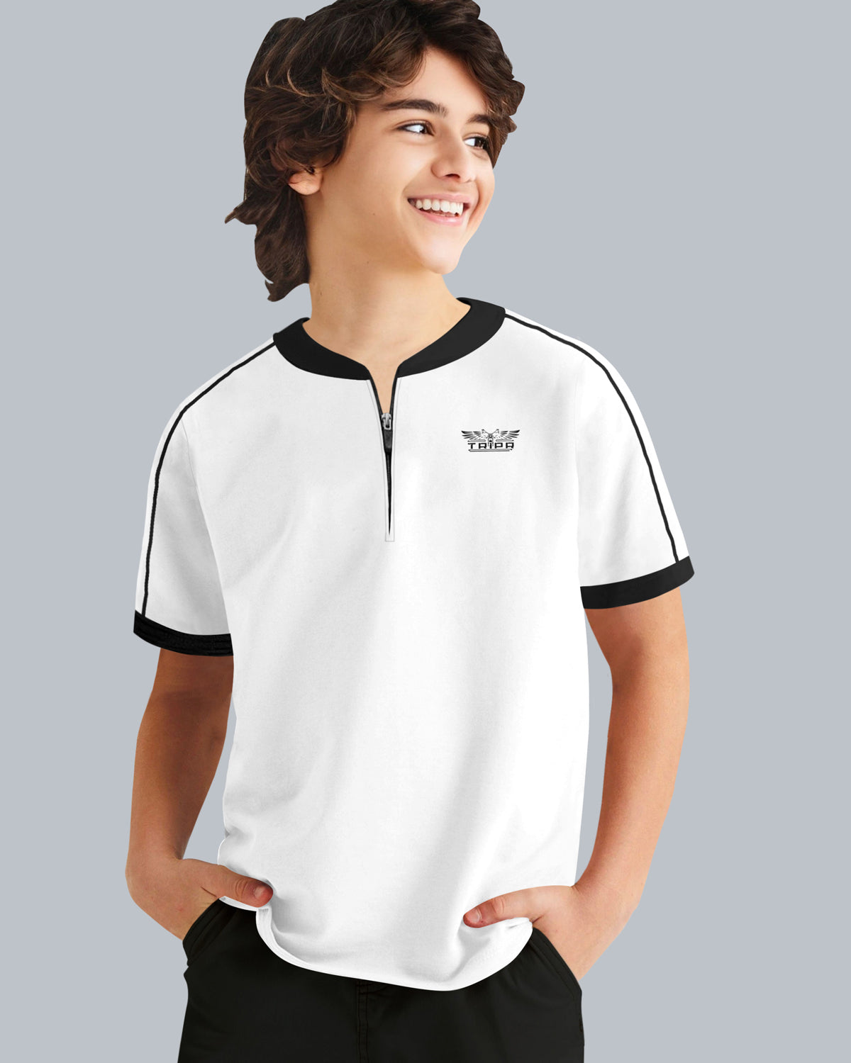 Boys Zip White Black Contrast T-shirt