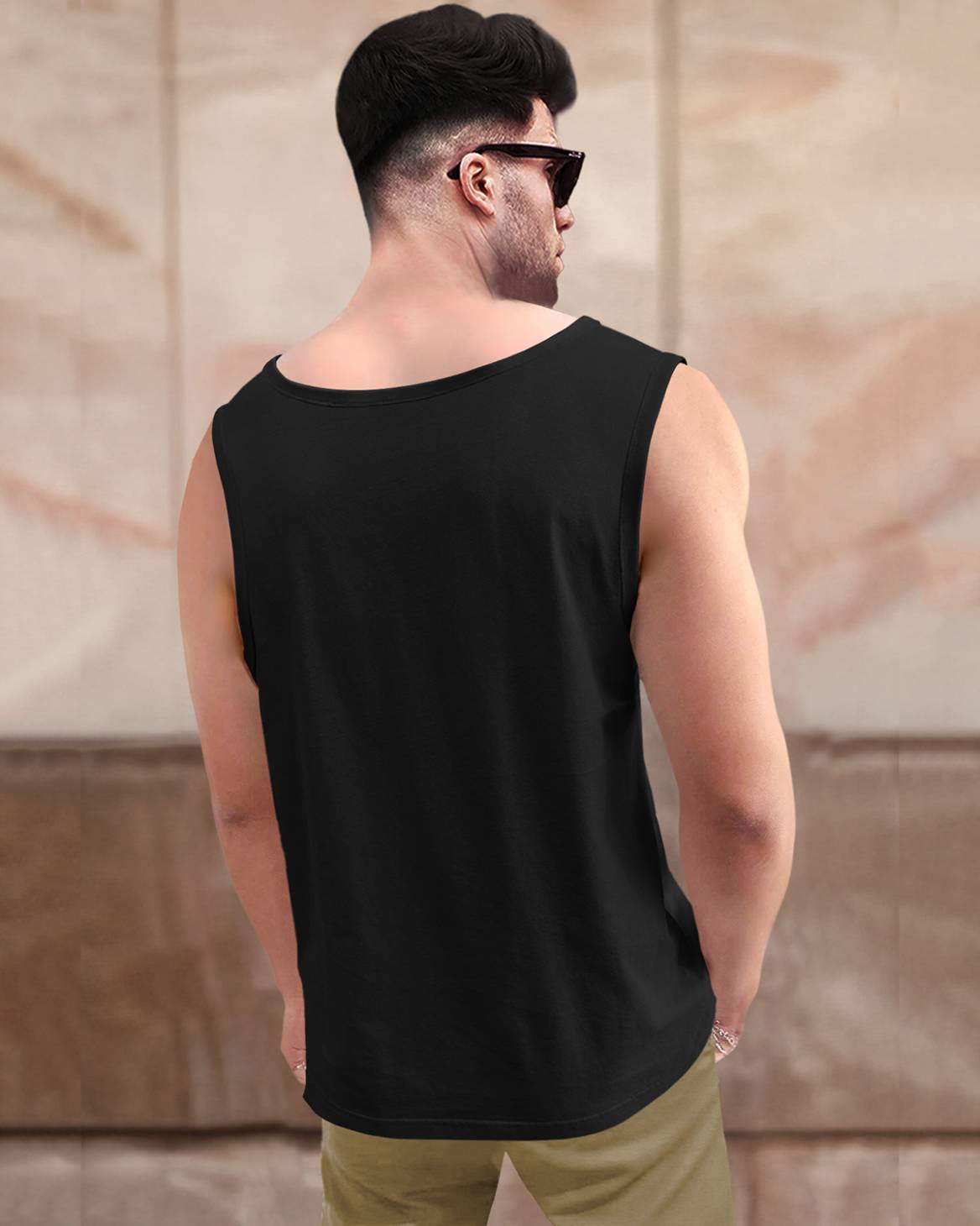 Men Casual Round Neck All Over Printed Top Vest Black