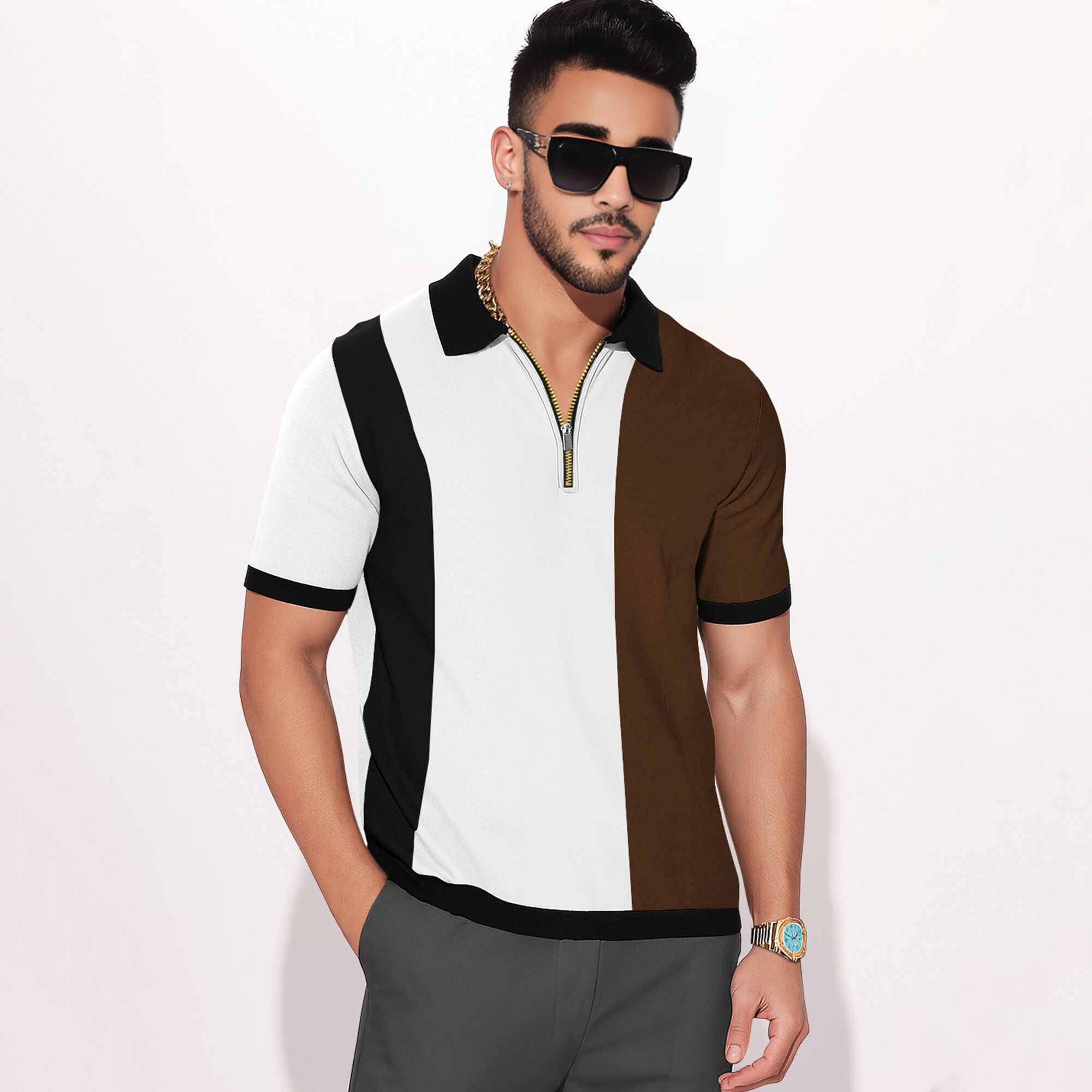 Half Sleeve Contrast Coller Quarter Zip Polo T-shirt Multicolor