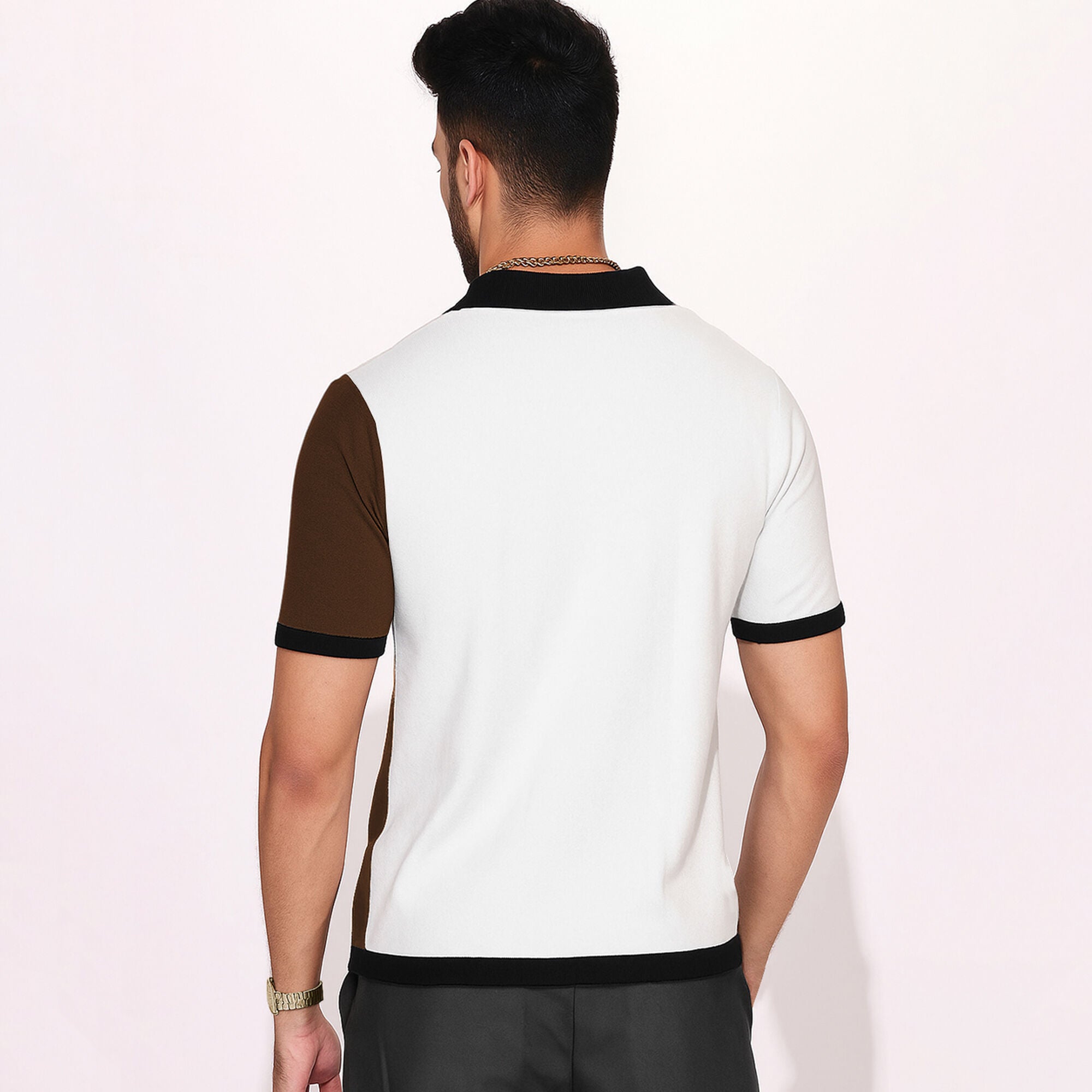 Half Sleeve Contrast Coller Quarter Zip Polo T-shirt Multicolor