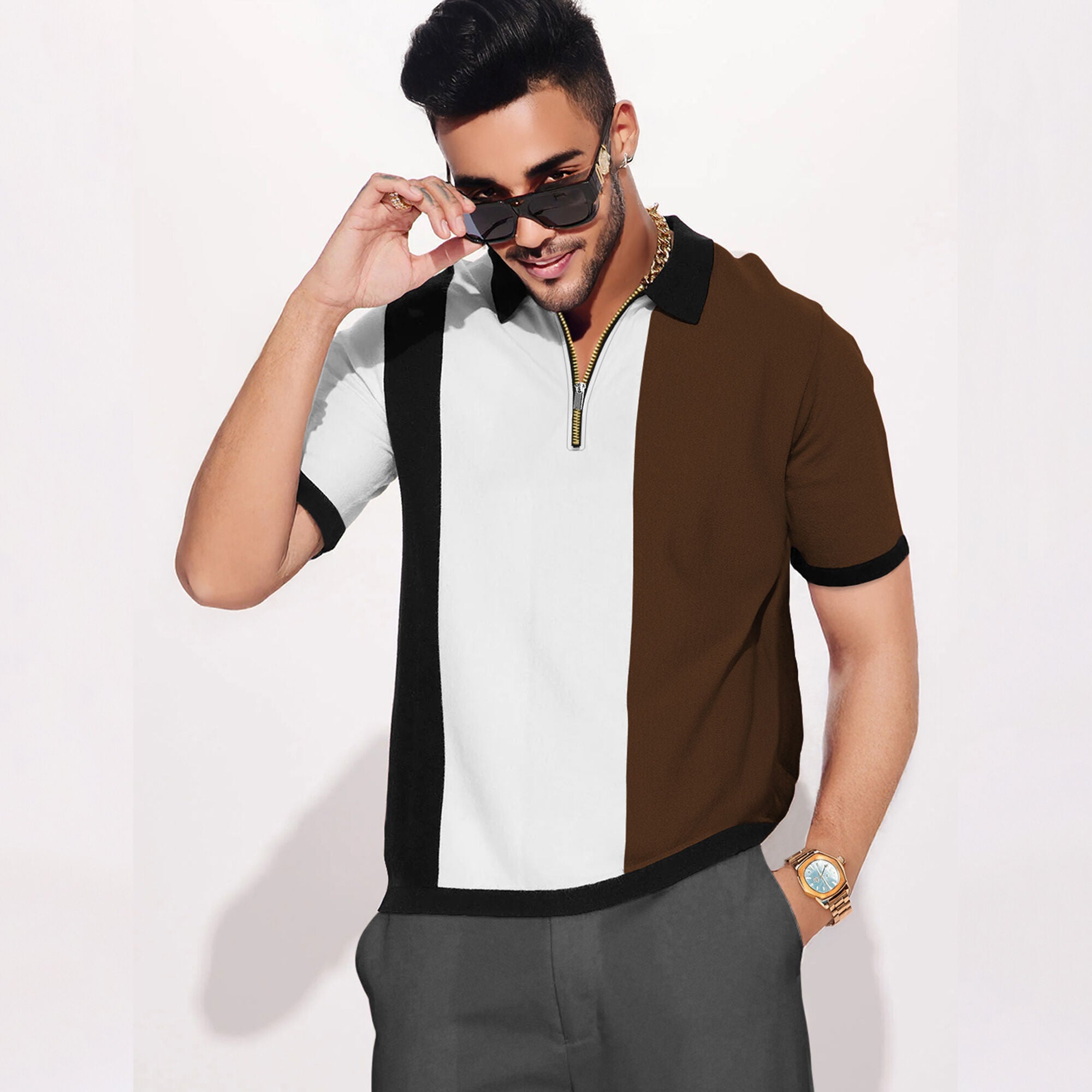 Half Sleeve Contrast Coller Quarter Zip Polo T-shirt Multicolor