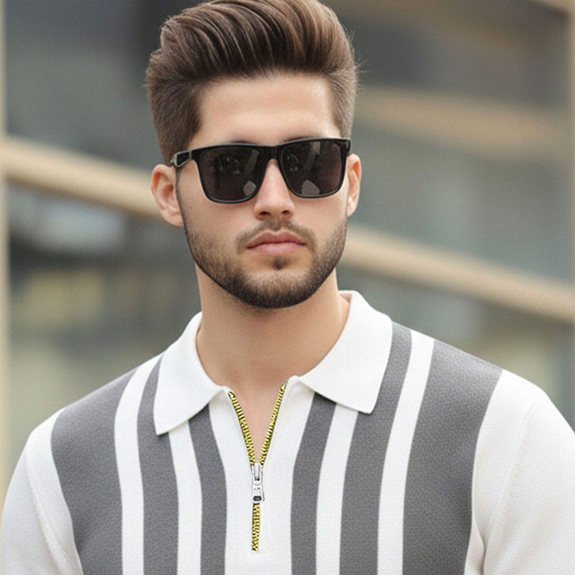 Men Quarter Zip Polo Neck Vertical Striped Full Sleeve T-shirt White