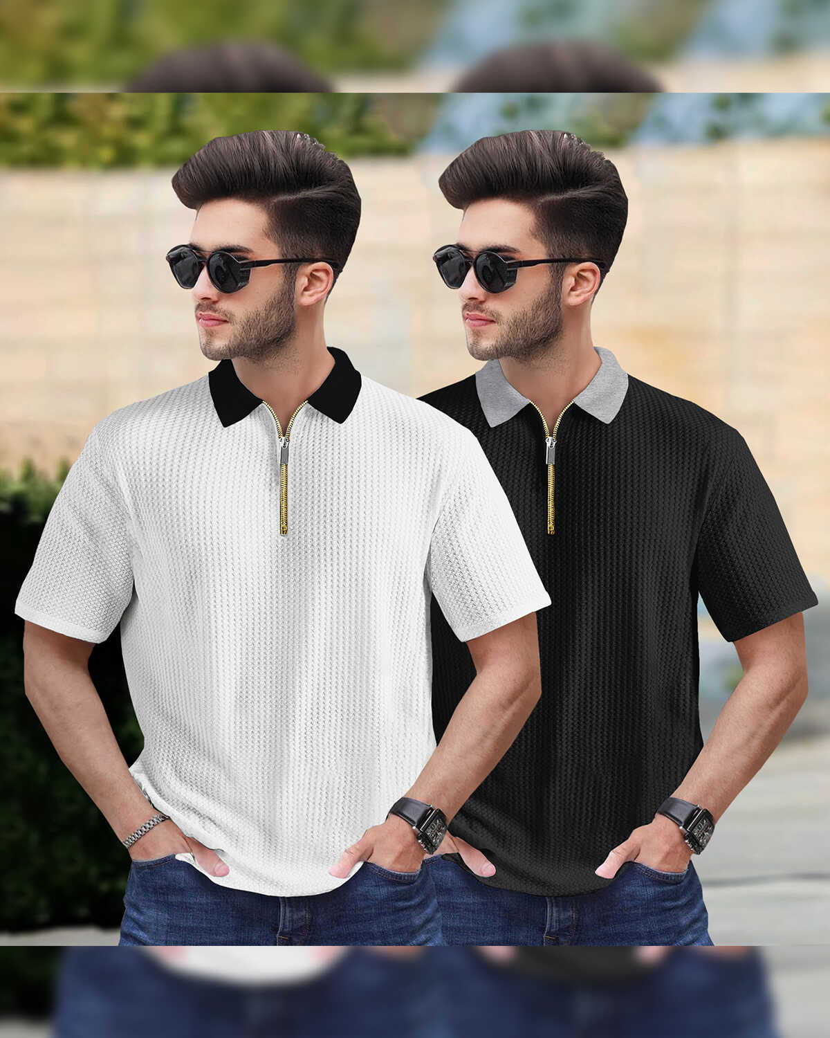White & Black Pack Of 2 Polo Collar Contrast Waffle Textured T-shirts