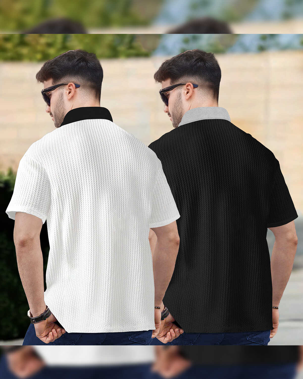 White & Black Pack Of 2 Polo Collar Contrast Waffle Textured T-shirts