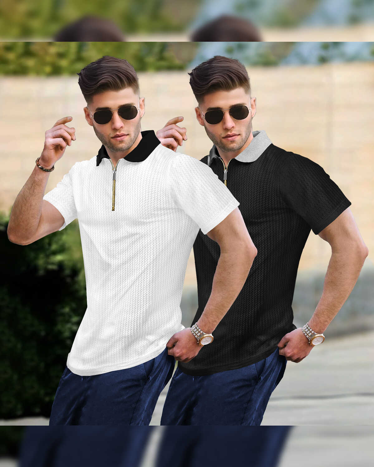 White & Black Pack Of 2 Polo Collar Contrast Waffle Textured T-shirts