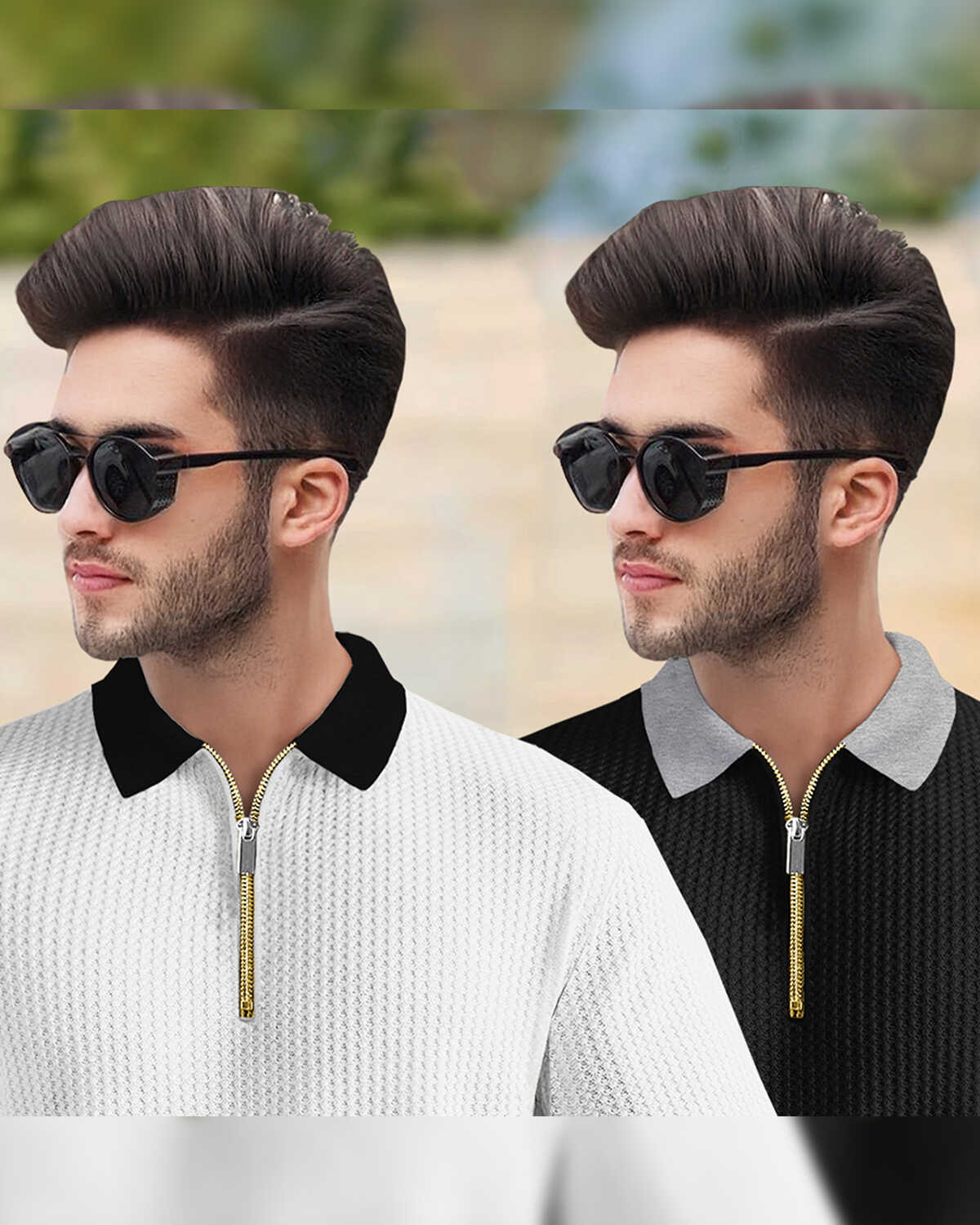 White & Black Pack Of 2 Polo Collar Contrast Waffle Textured T-shirts