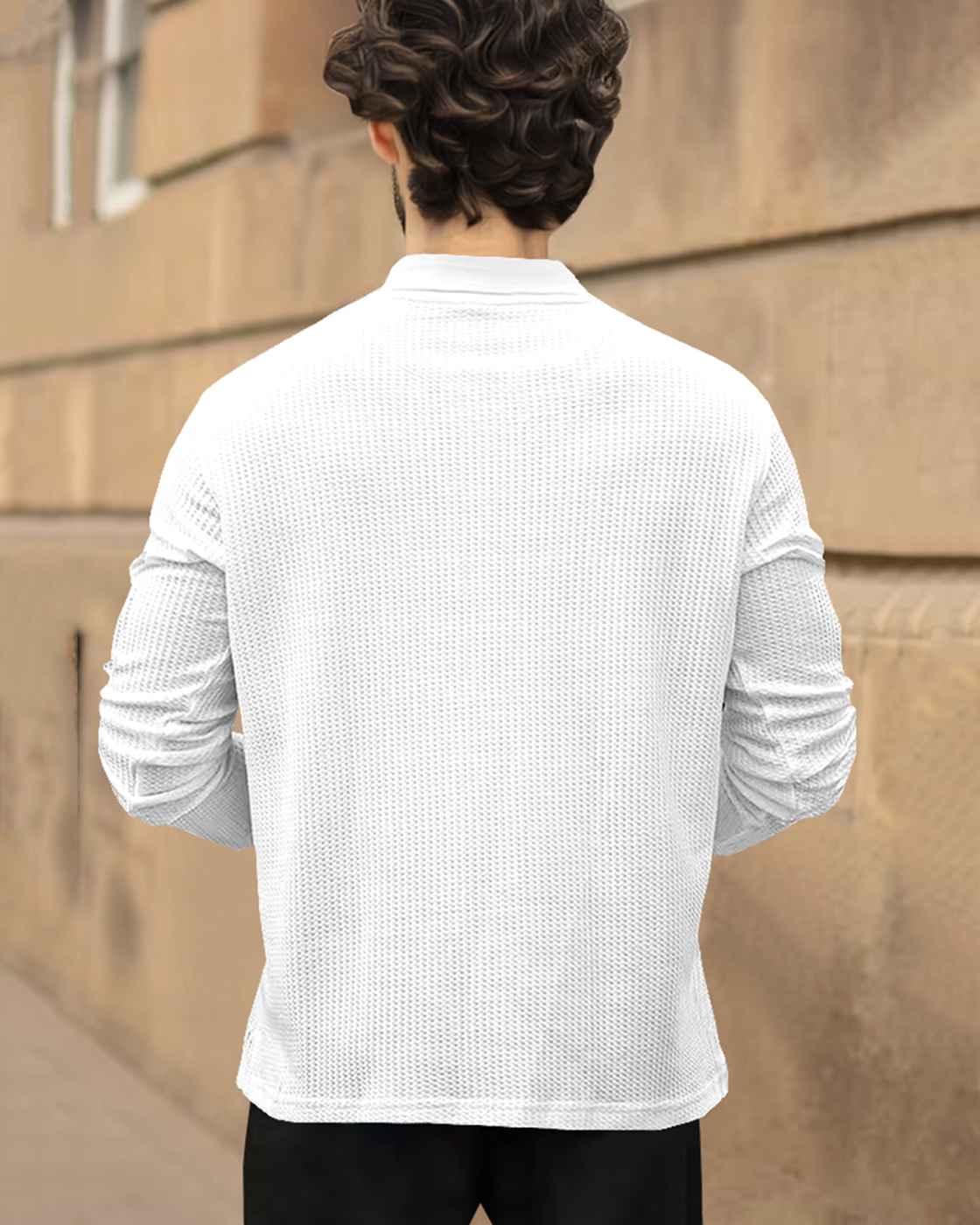 Men Full Sleeve Double Poacket Polo Waffle White T-shirt