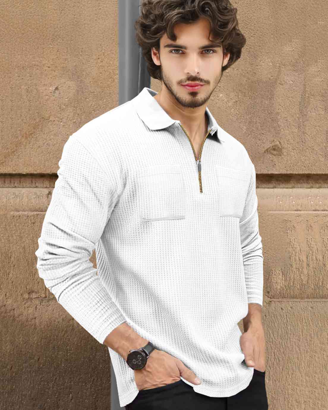 Men Full Sleeve Double Poacket Polo Waffle White T-shirt