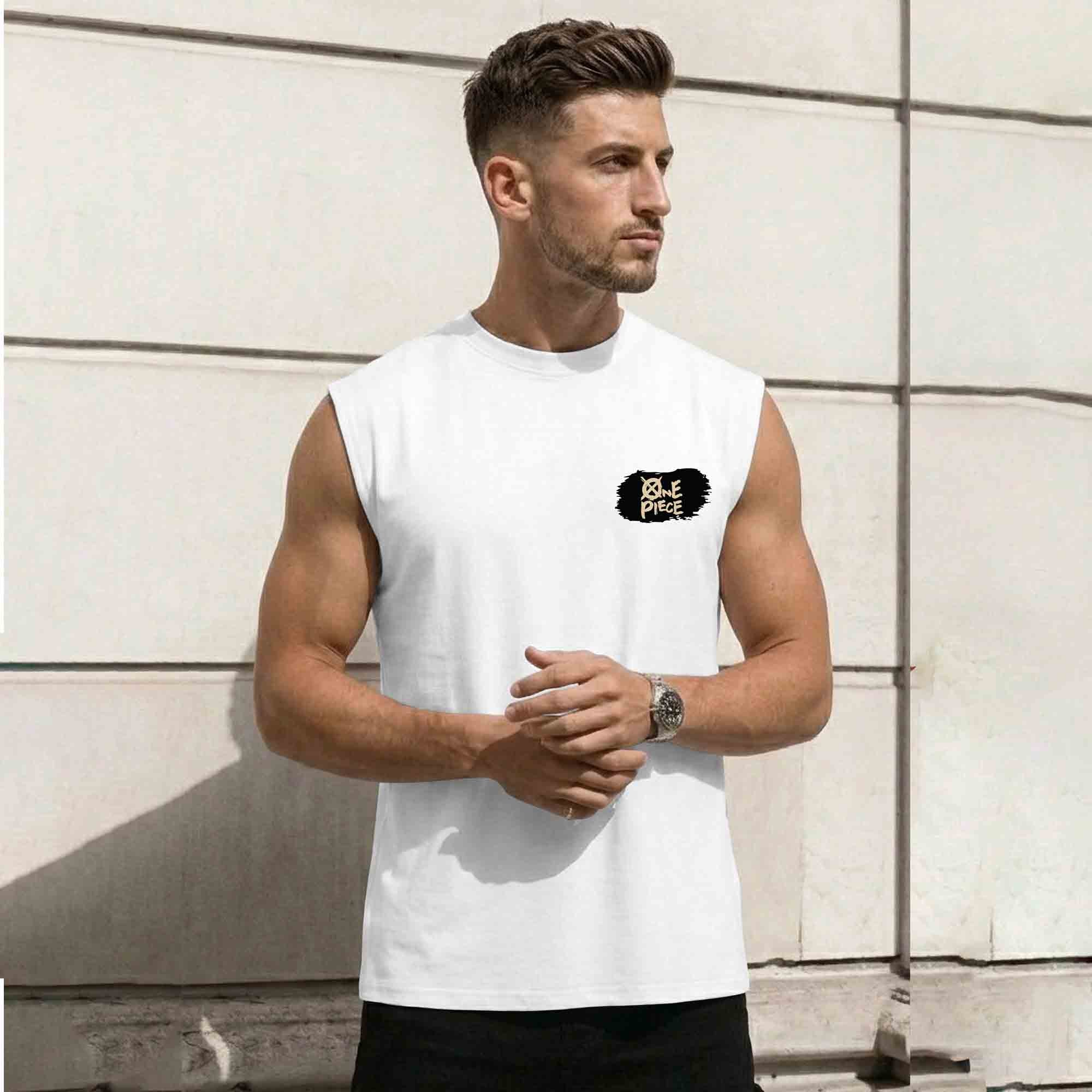 Men Graphic Design Back Printed Round Neck Vest White
